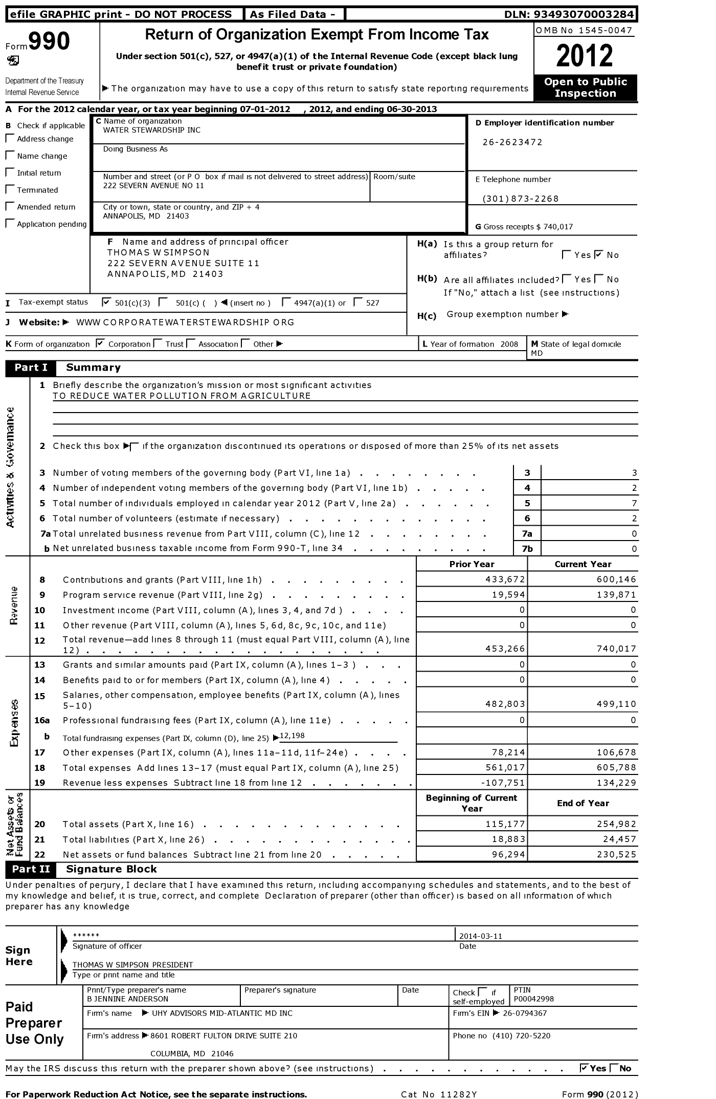 Image of first page of 2012 Form 990 for Water Stewardship (WSI)