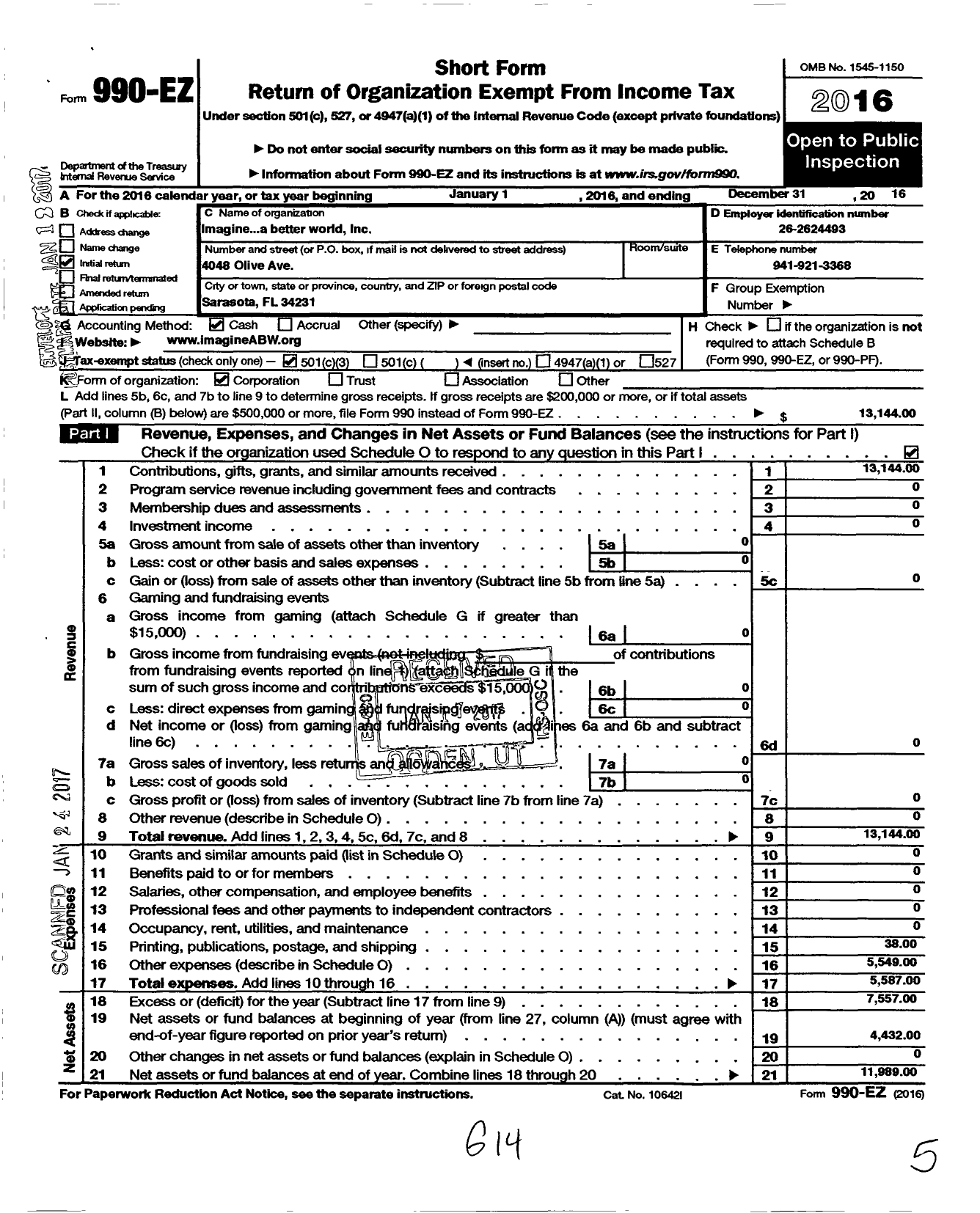 Image of first page of 2016 Form 990EZ for Imagine A Better World