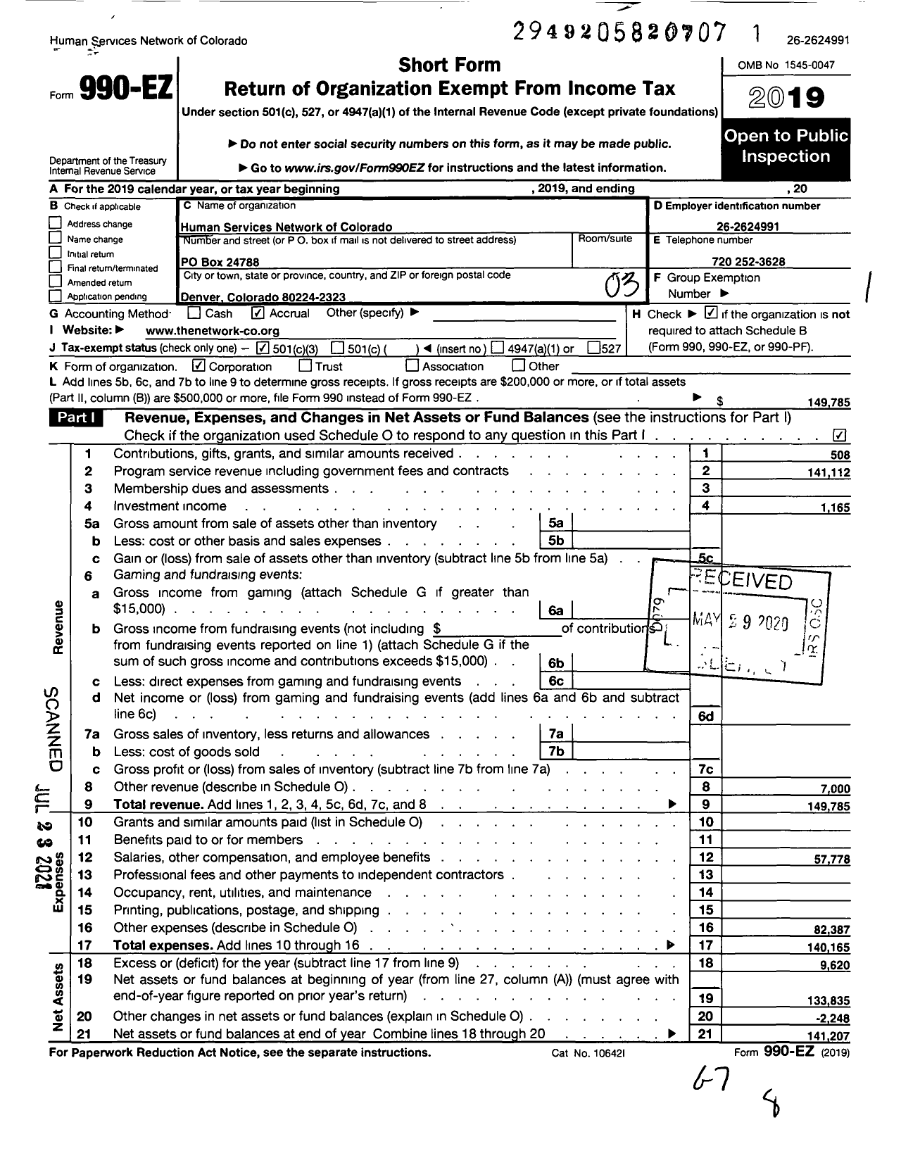 Image of first page of 2019 Form 990EZ for Human Services Network of Colorado