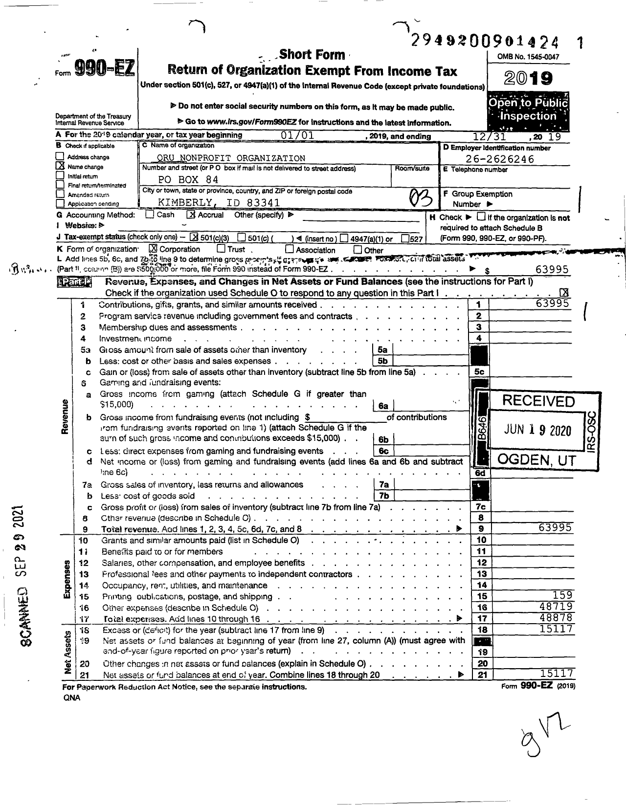 Image of first page of 2019 Form 990EZ for QRU Nonprofit Organization