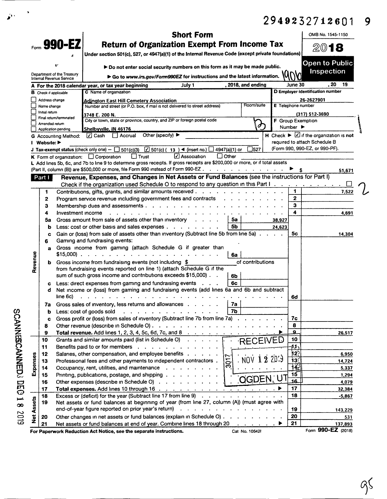 Image of first page of 2018 Form 990EO for Arlington East Hill Cemetery Association