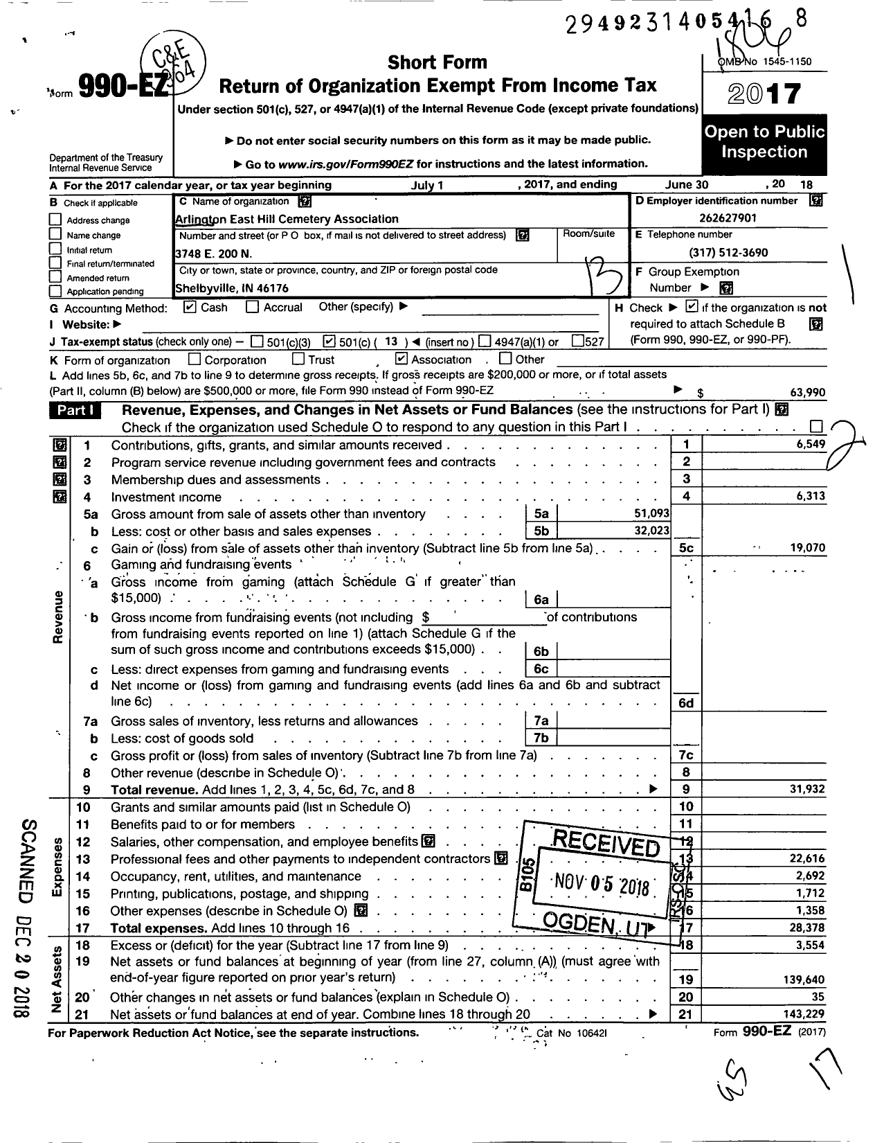 Image of first page of 2017 Form 990EO for Arlington East Hill Cemetery Association