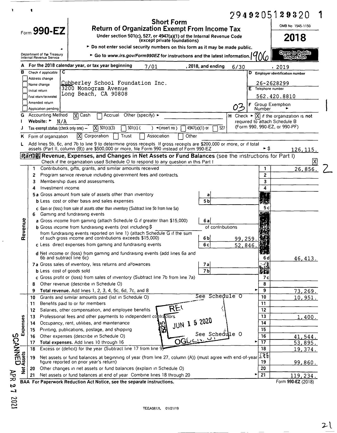 Image of first page of 2018 Form 990EZ for Cubberley School Foundation