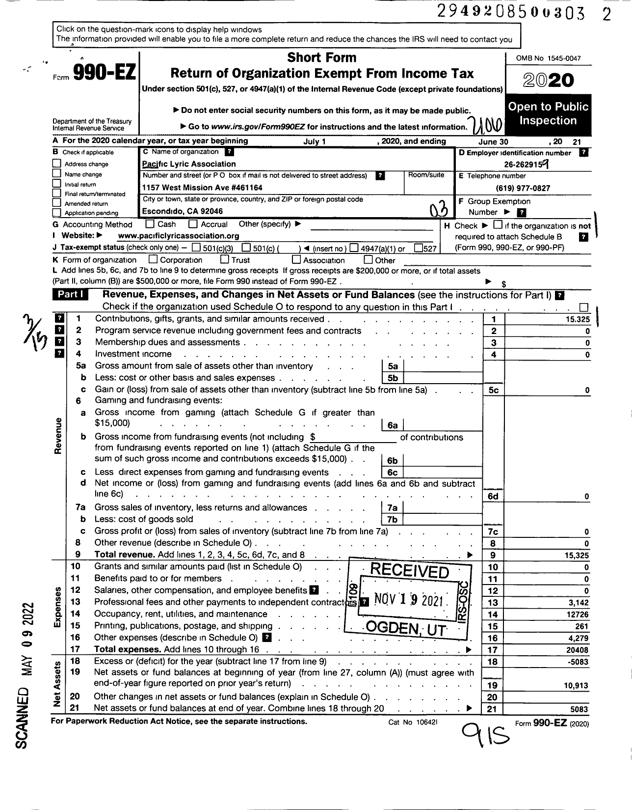 Image of first page of 2020 Form 990EZ for Pacific Lyric Association