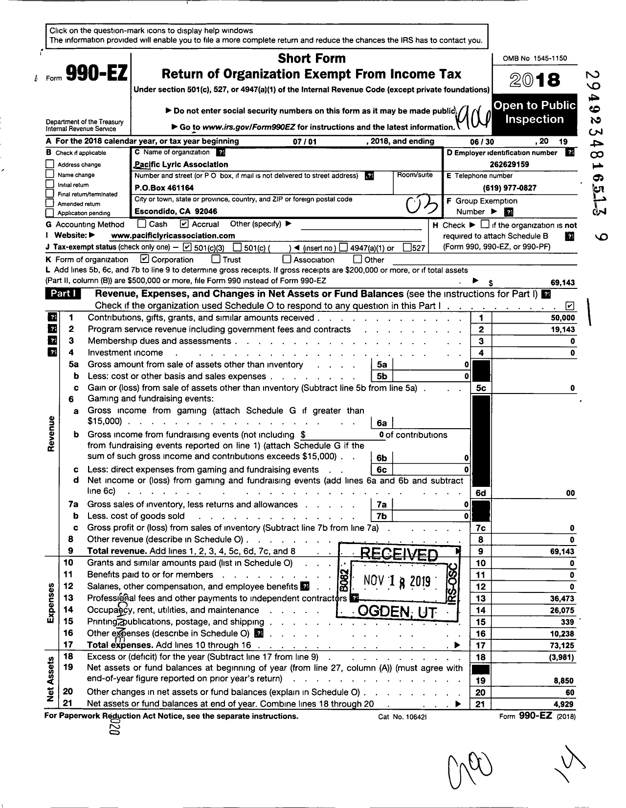 Image of first page of 2018 Form 990EZ for Pacific Lyric Association