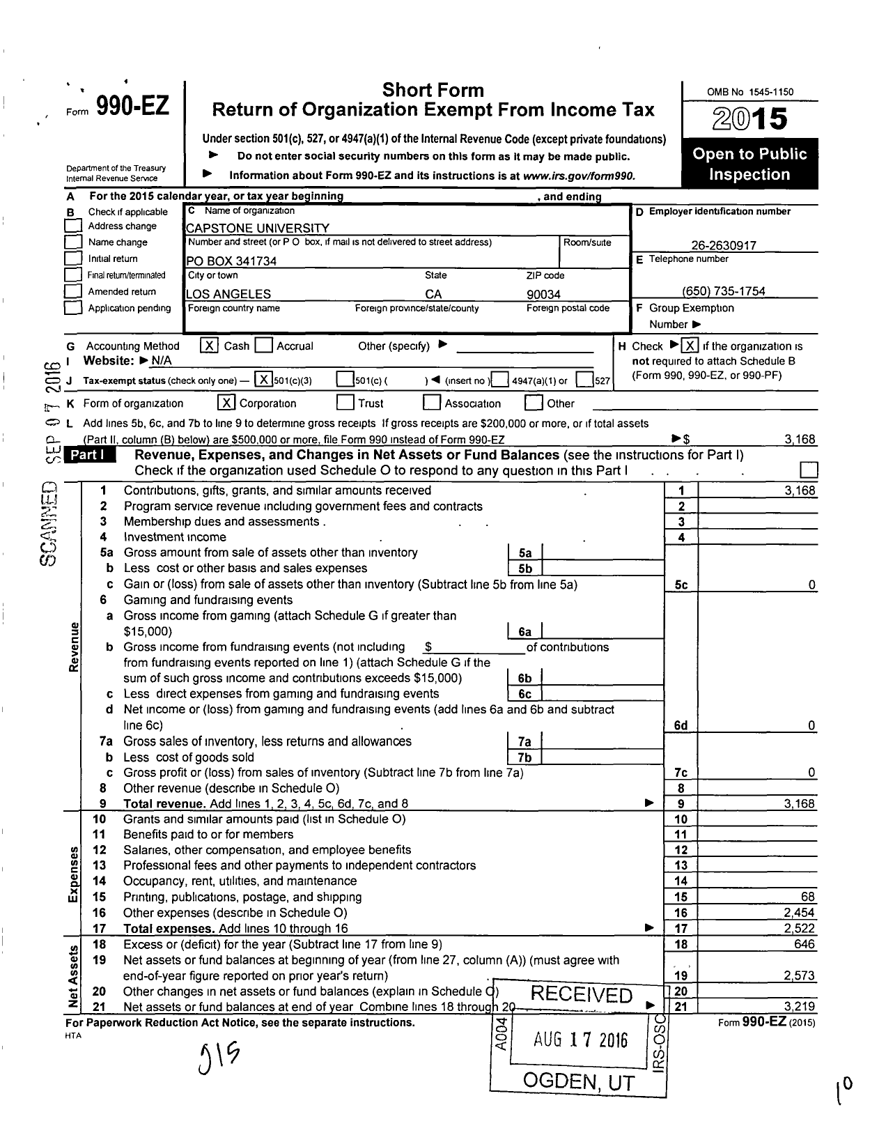 Image of first page of 2015 Form 990EZ for Capstone University