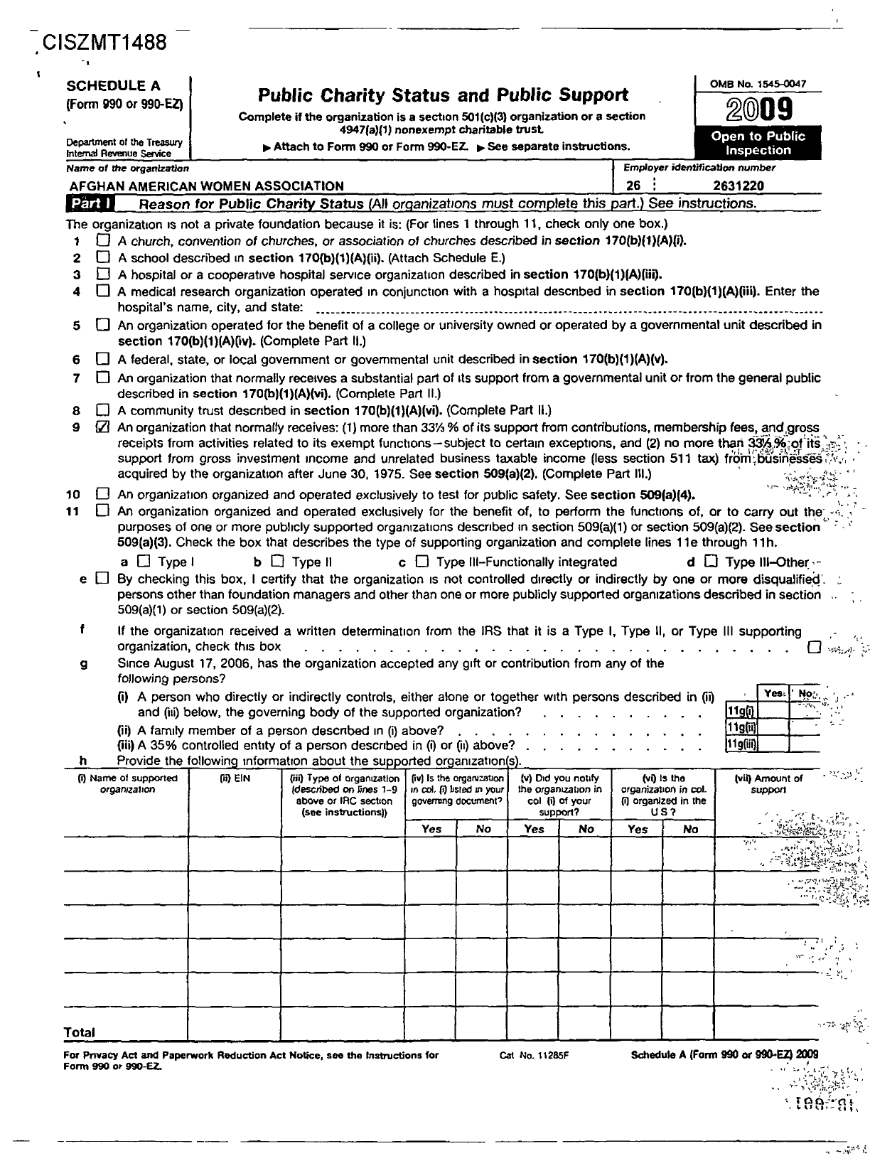 Image of first page of 2009 Form 990ER for Afghan American Women Association