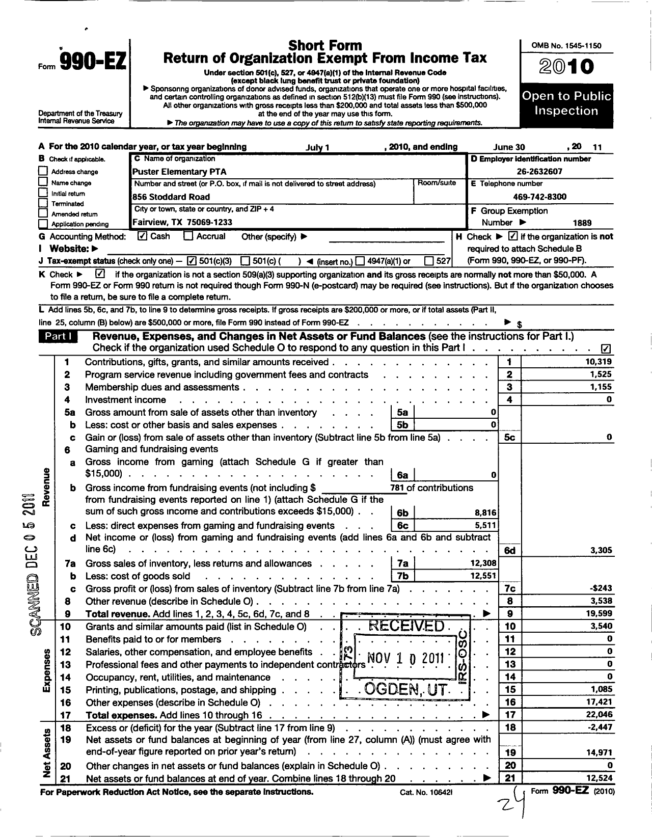 Image of first page of 2010 Form 990EZ for Texas PTA - 11924 Robert L Puster Elem SCH PTA