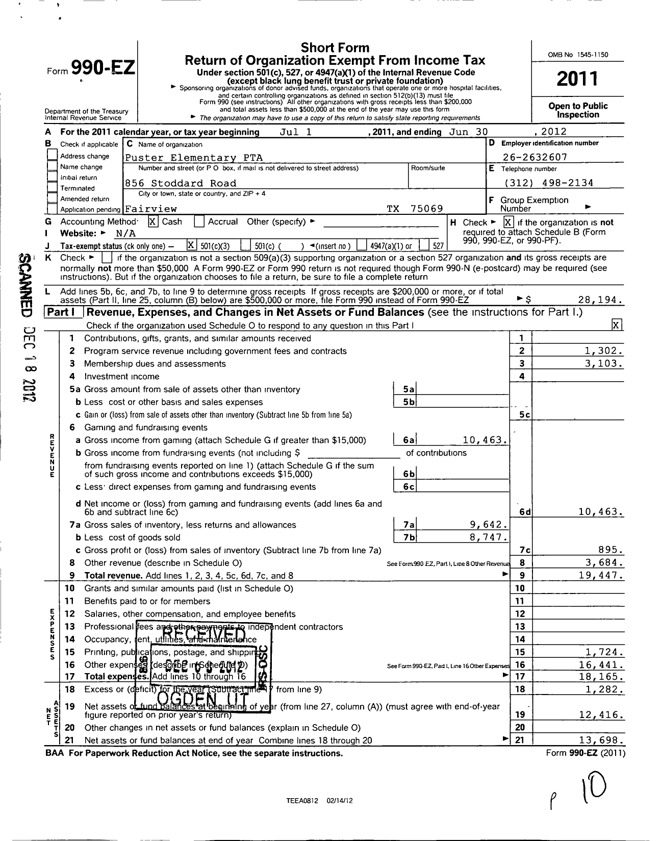 Image of first page of 2011 Form 990EZ for Texas PTA - 11924 Robert L Puster Elem SCH PTA