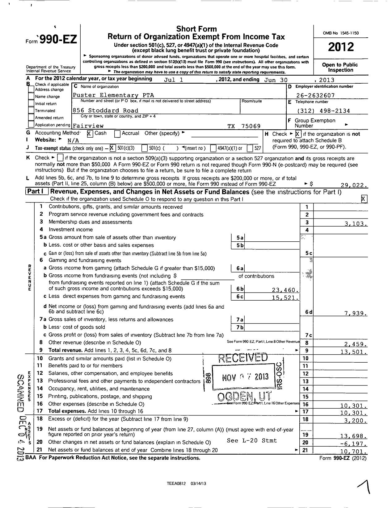 Image of first page of 2012 Form 990EZ for Texas PTA - 11924 Robert L Puster Elem SCH PTA