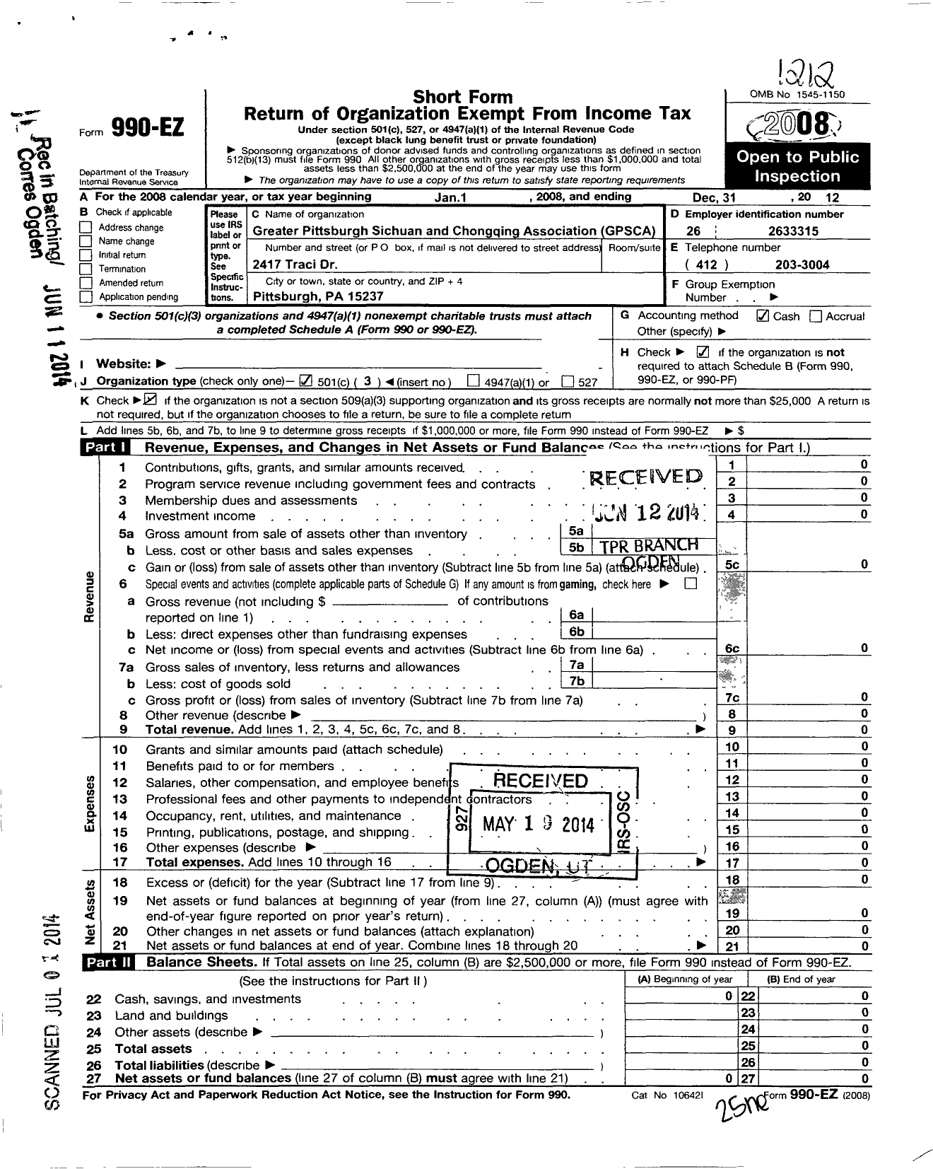 Image of first page of 2012 Form 990EZ for Greater Pittsburgh Sichuan and Chongqing Association