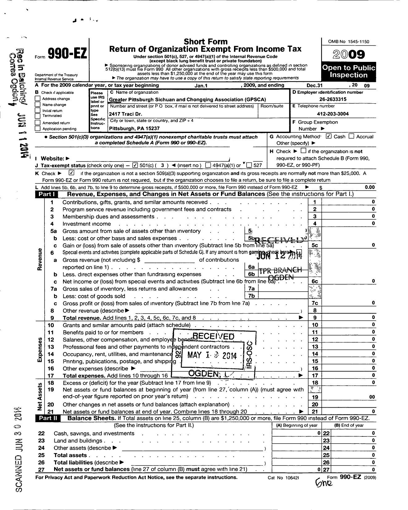 Image of first page of 2009 Form 990EZ for Greater Pittsburgh Sichuan and Chongqing Association