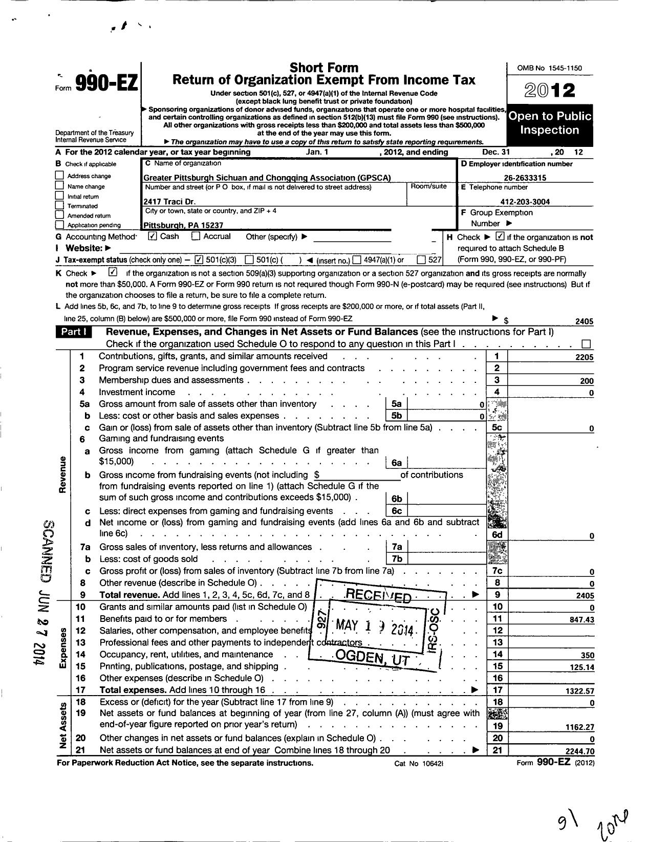 Image of first page of 2012 Form 990EZ for Greater Pittsburgh Sichuan and Chongqing Association