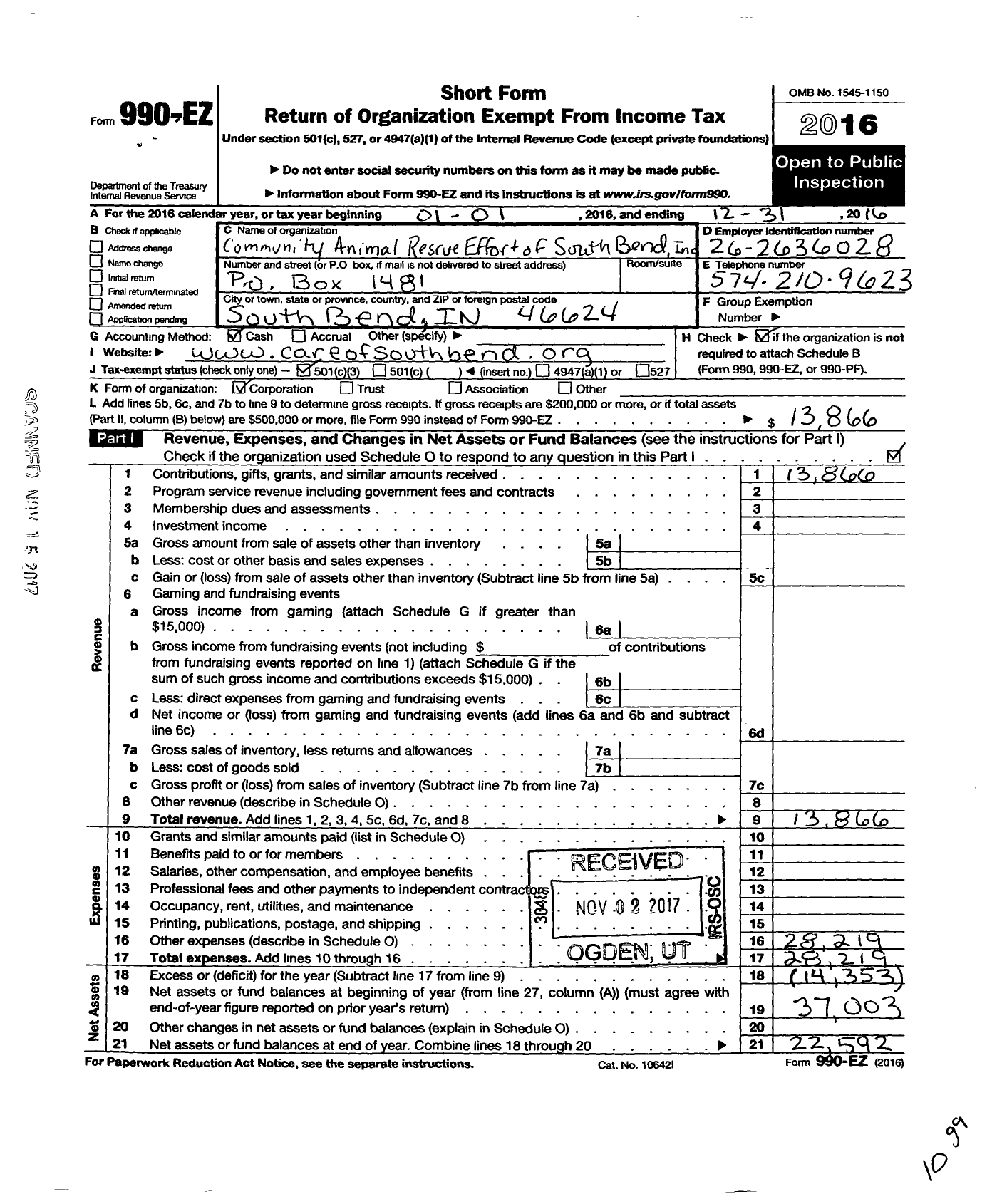 Image of first page of 2016 Form 990EZ for Community Animal Rescue Effort of South Bend