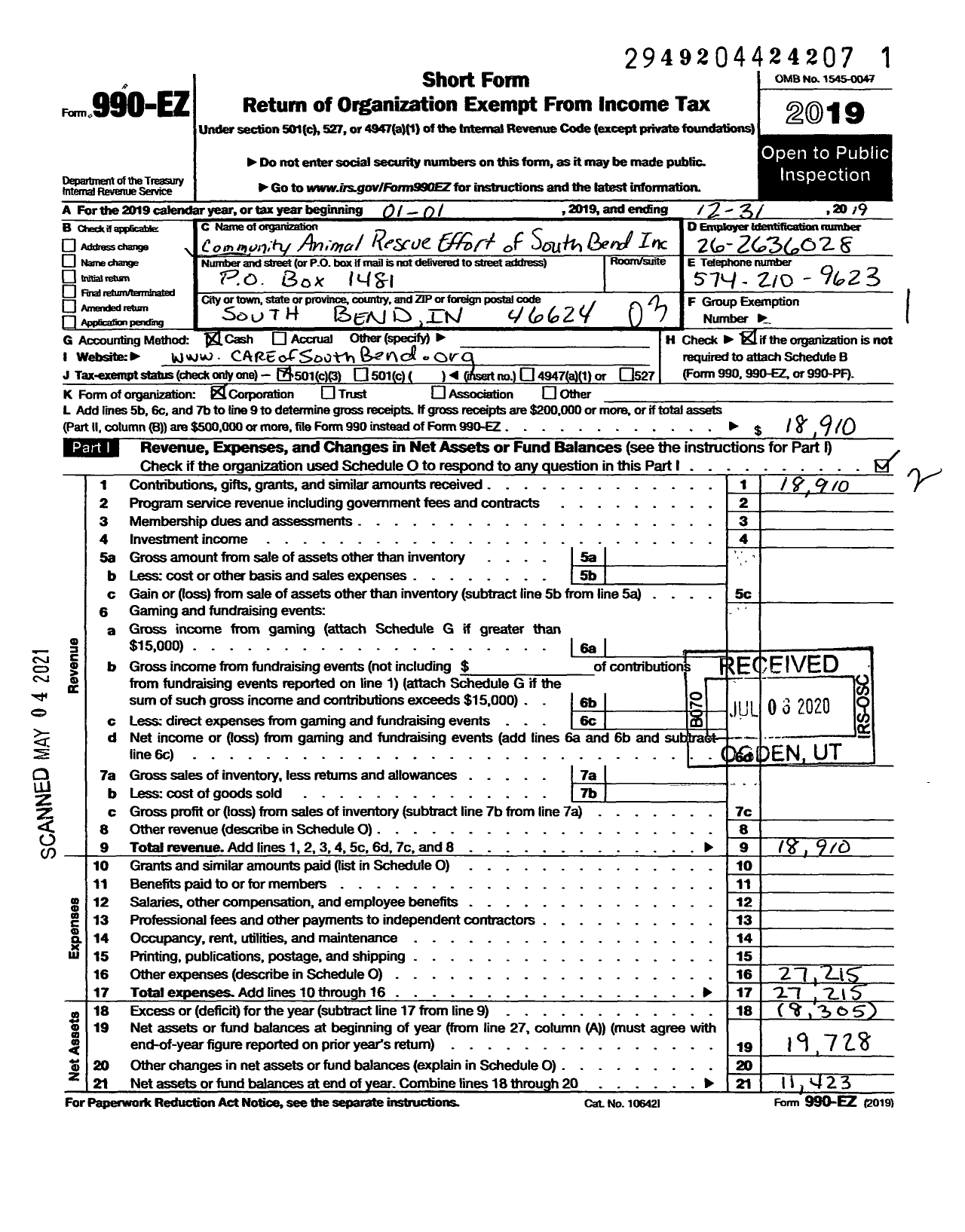 Image of first page of 2019 Form 990EZ for Community Animal Rescue Effort of South Bend