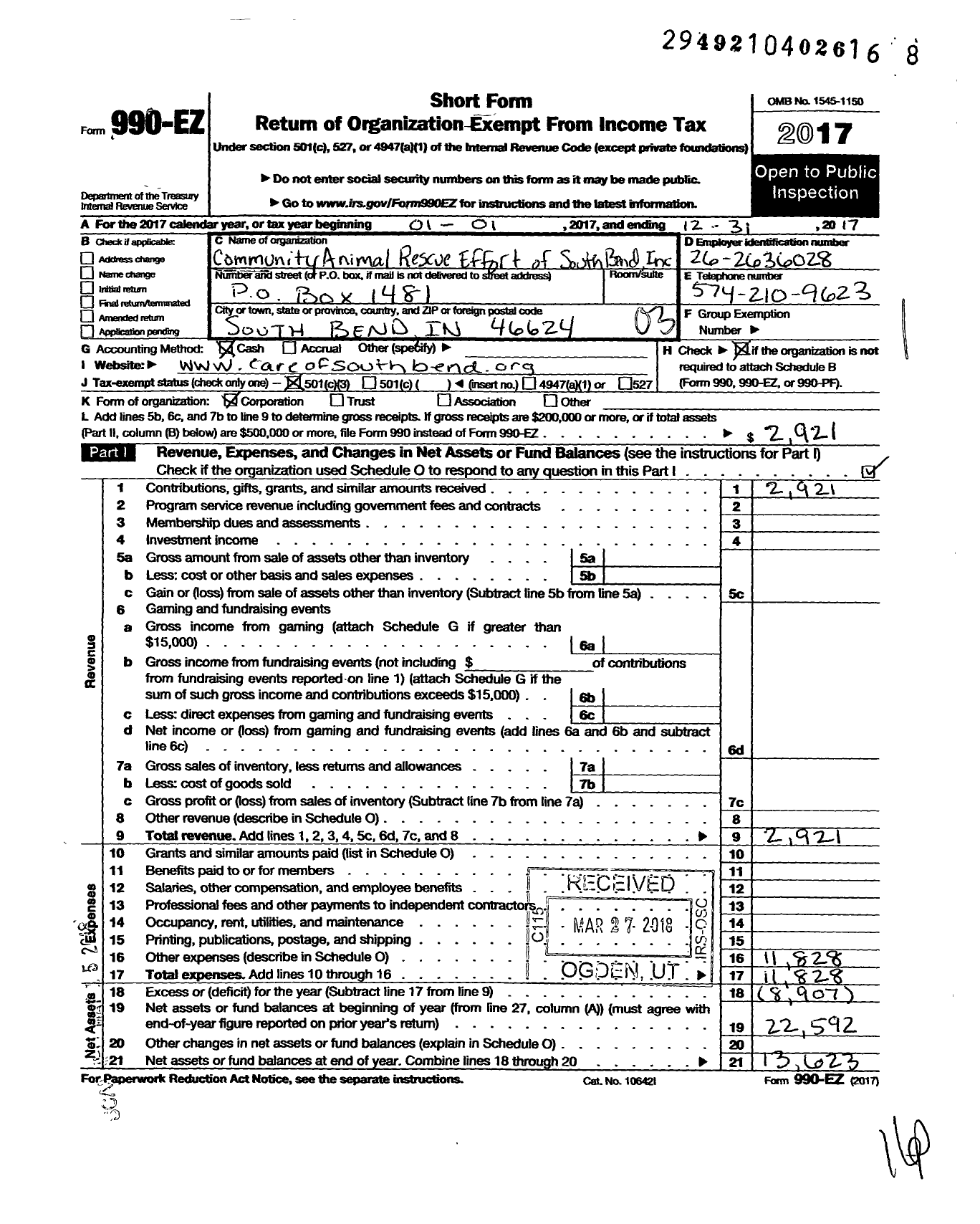 Image of first page of 2017 Form 990EZ for Community Animal Rescue Effort of South Bend