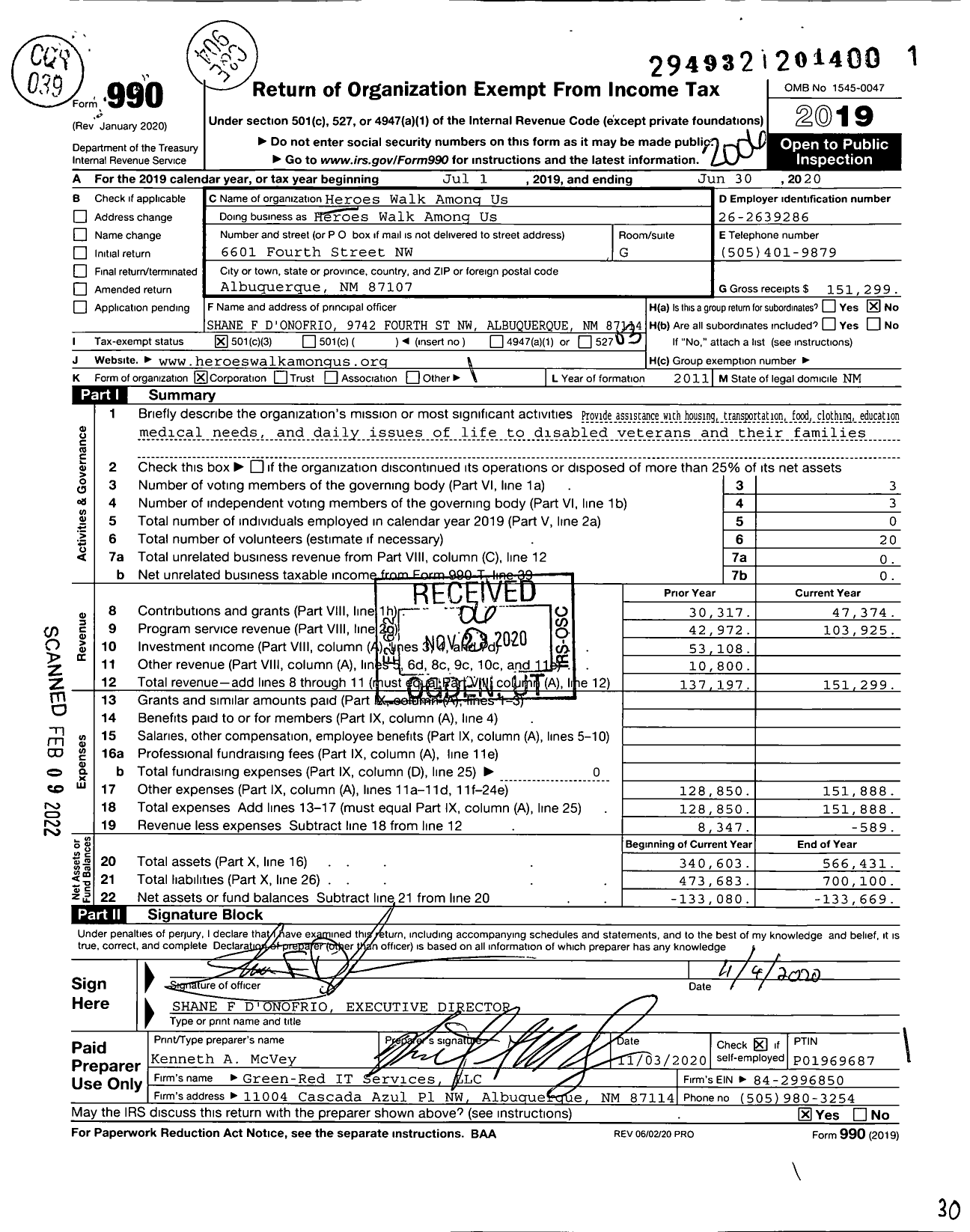 Image of first page of 2019 Form 990 for Heroes Walk Among Us