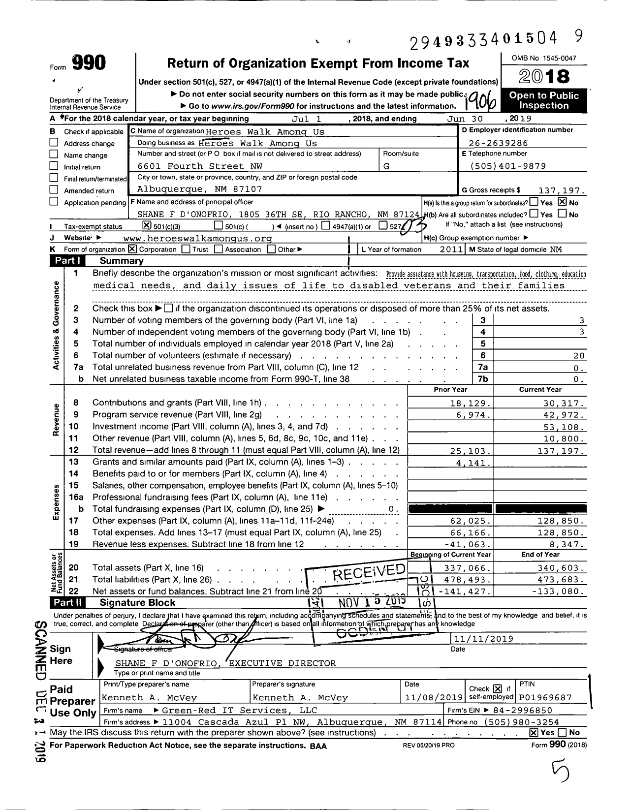 Image of first page of 2018 Form 990 for Heroes Walk Among Us