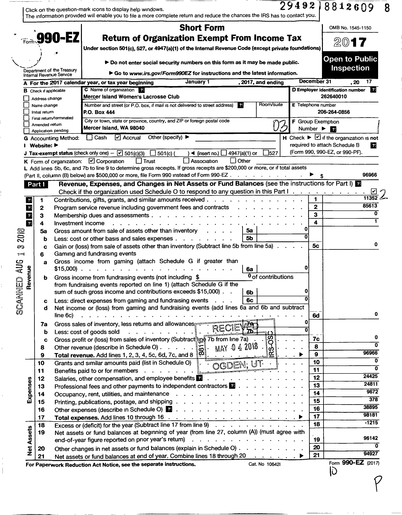 Image of first page of 2017 Form 990EZ for Mercer Island Womens Lacrosse Club