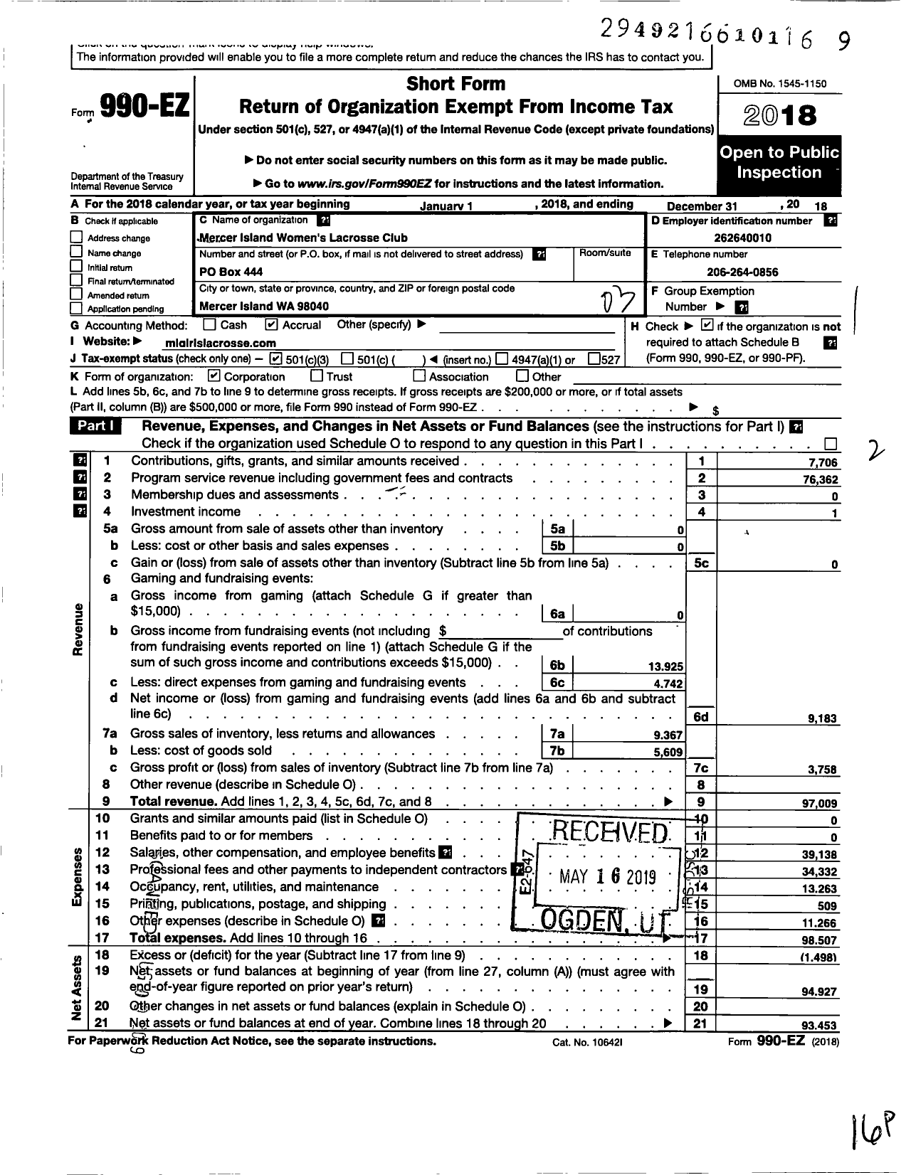 Image of first page of 2018 Form 990EZ for Mercer Island Womens Lacrosse Club