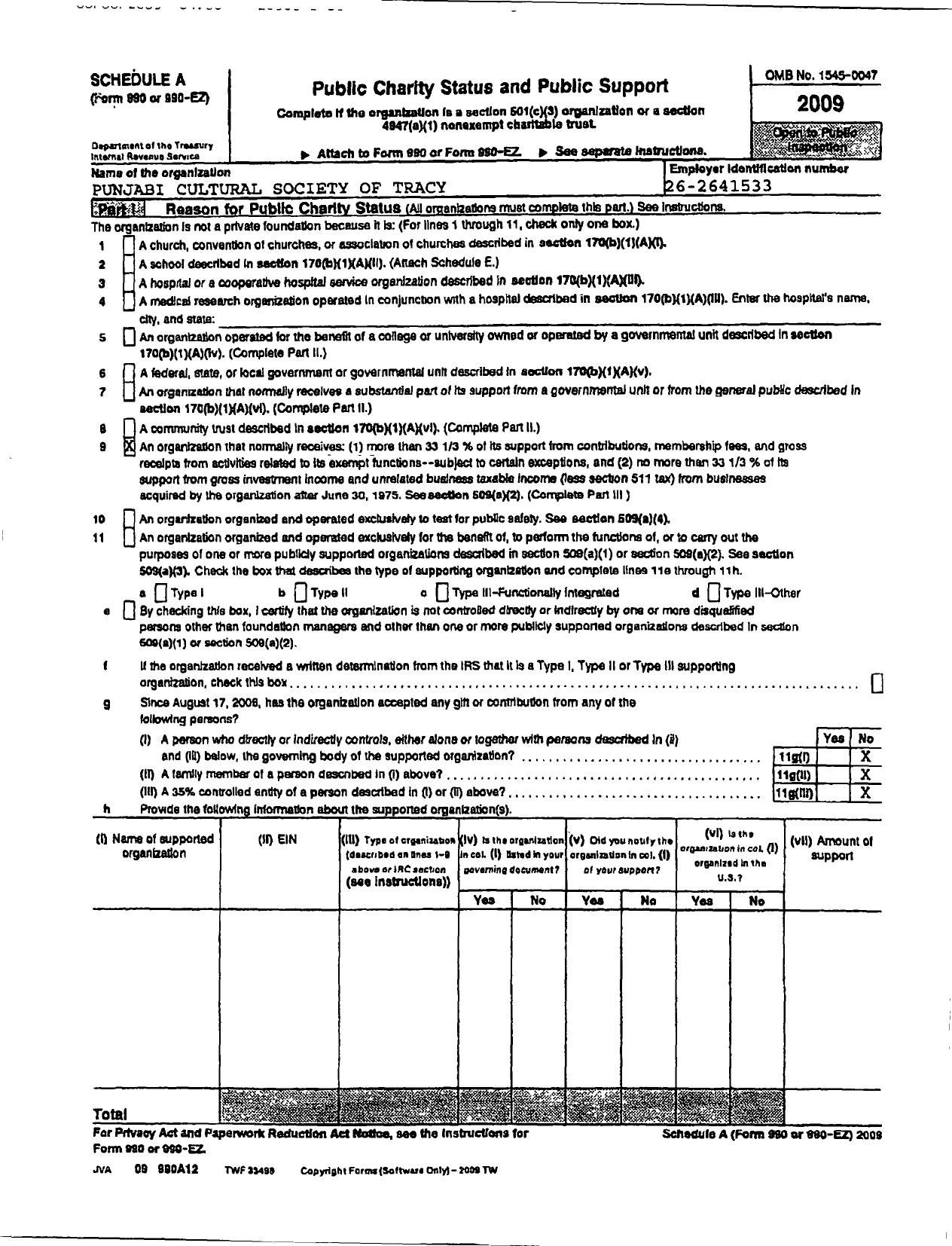Image of first page of 2009 Form 990ER for Punjabi Cultural Society of Tracy