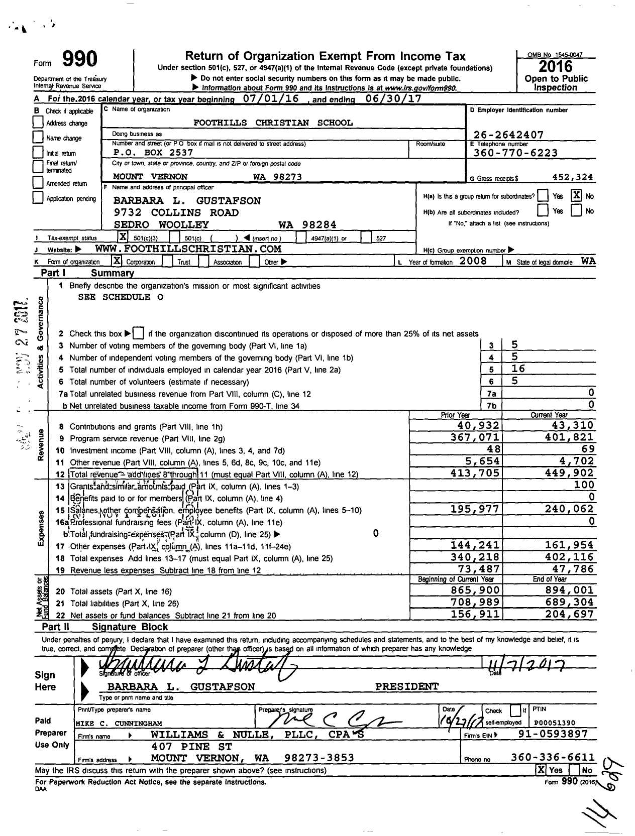 Image of first page of 2016 Form 990 for Foothills Christian School