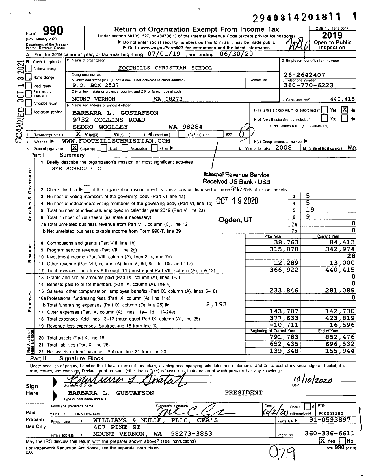 Image of first page of 2019 Form 990 for Foothills Christian School