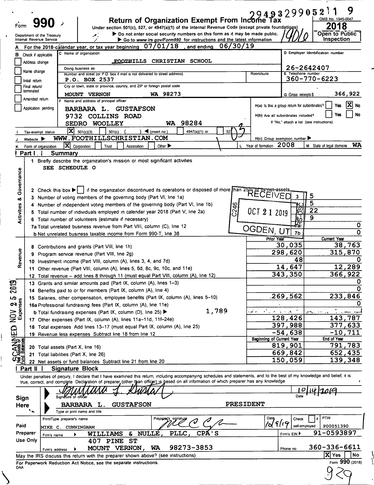 Image of first page of 2018 Form 990 for Foothills Christian School