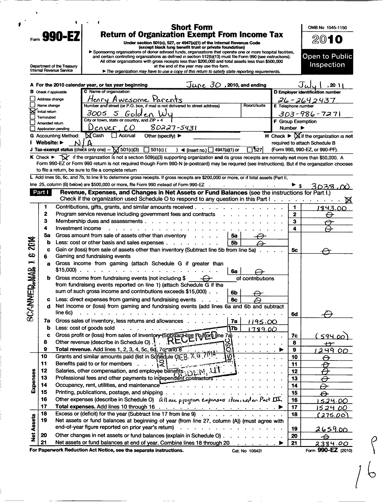 Image of first page of 2010 Form 990EZ for Henry Awesome Parents