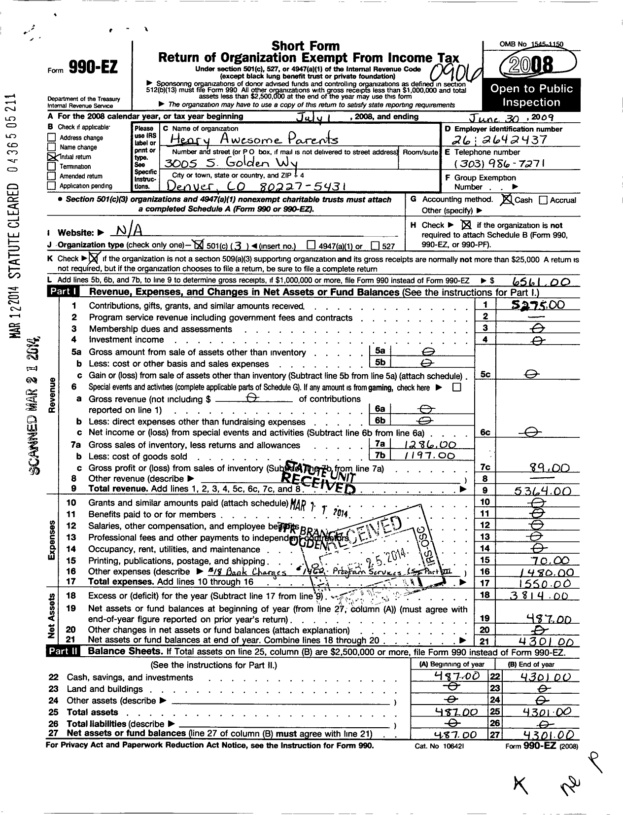 Image of first page of 2008 Form 990EZ for Henry Awesome Parents