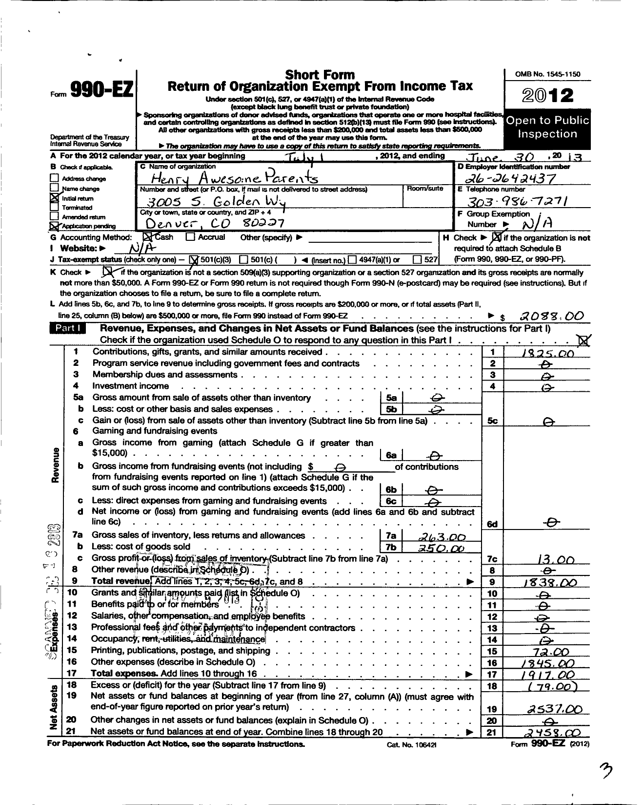 Image of first page of 2012 Form 990EZ for Henry Awesome Parents