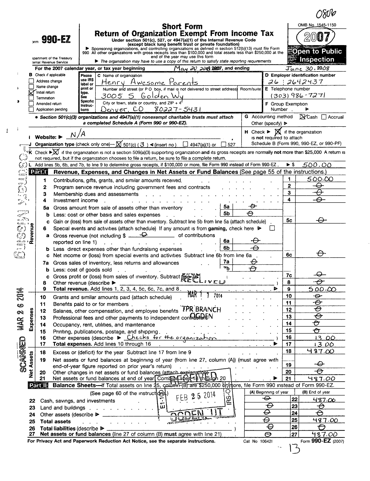 Image of first page of 2007 Form 990EZ for Henry Awesome Parents