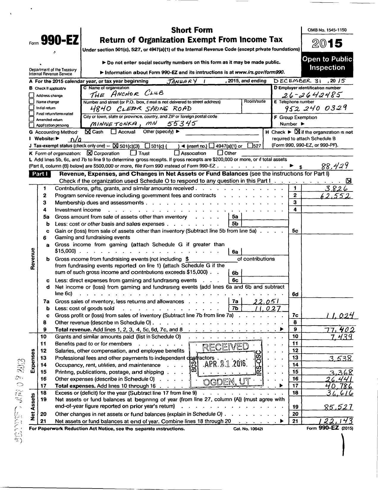 Image of first page of 2015 Form 990EZ for The Anchor Club