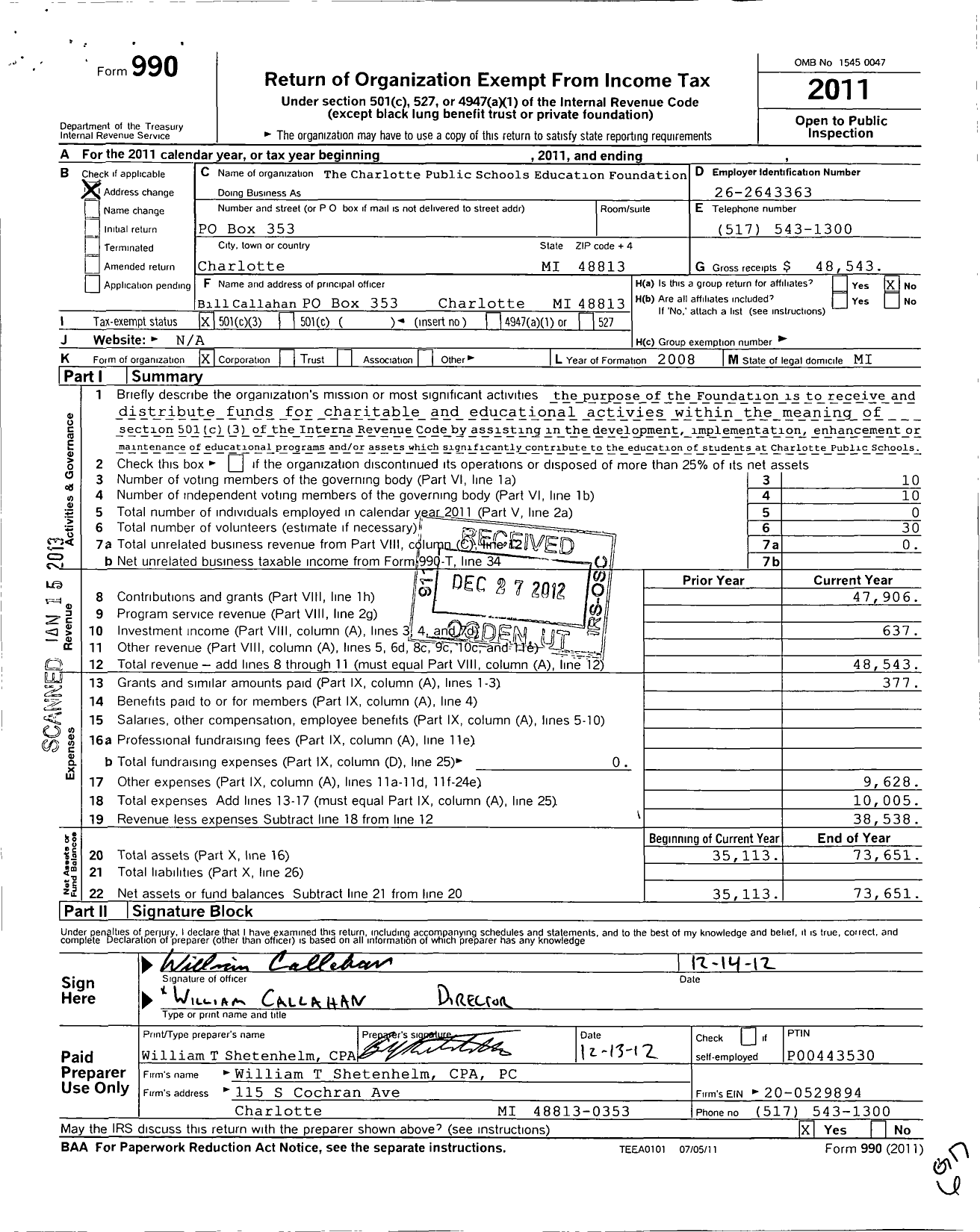 Image of first page of 2011 Form 990 for Charlotte Public Schools Education Foundation