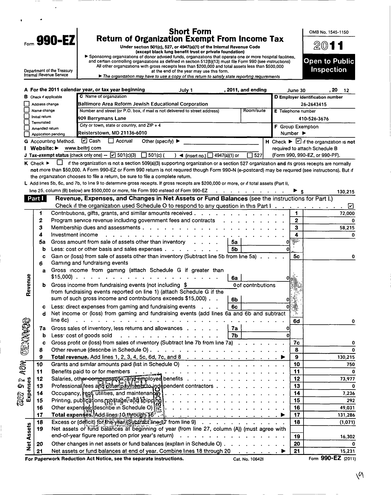 Image of first page of 2011 Form 990EZ for Baltimore Area Reform Jewish Educational Corporation