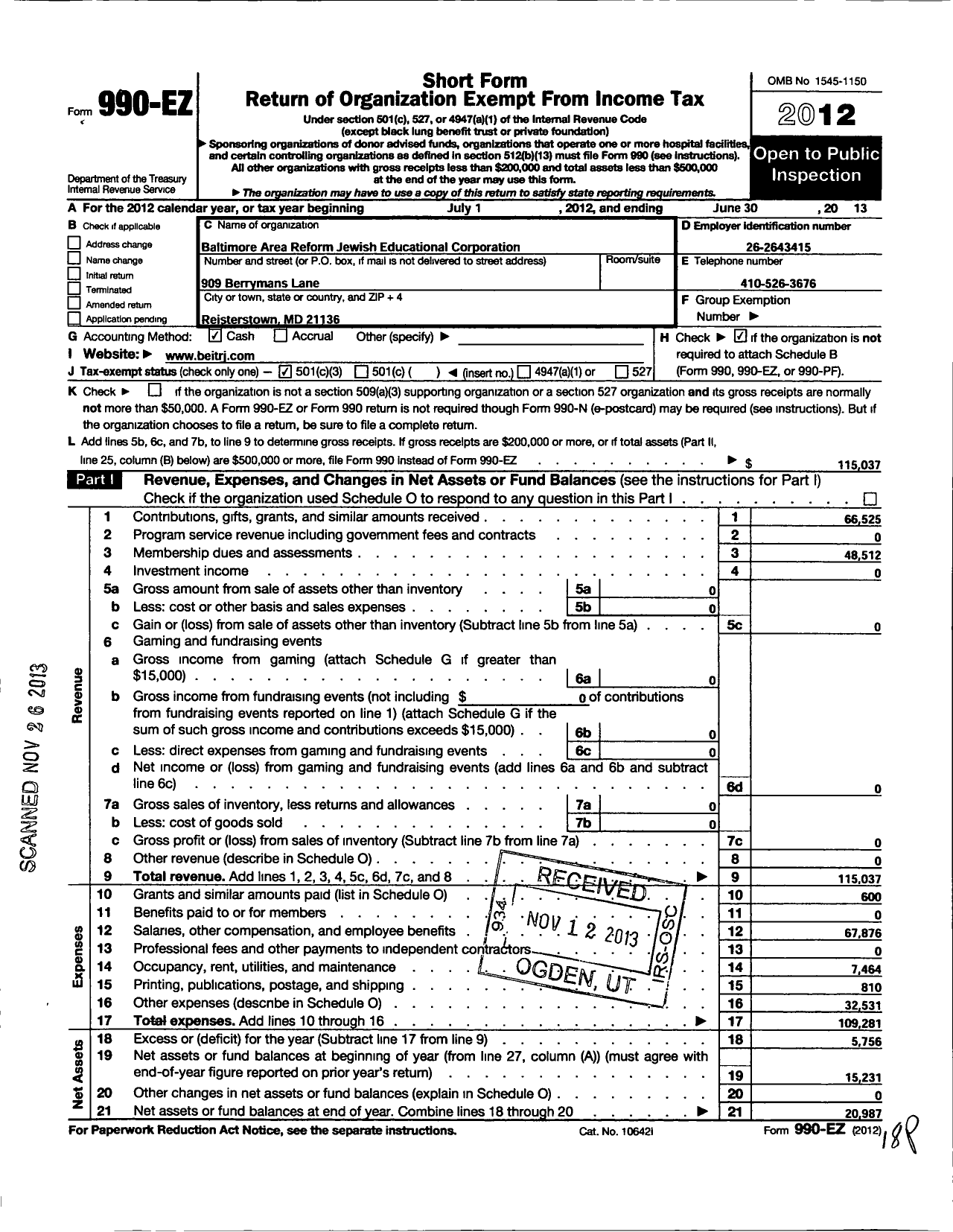 Image of first page of 2012 Form 990EZ for Baltimore Area Reform Jewish Educational Corporation