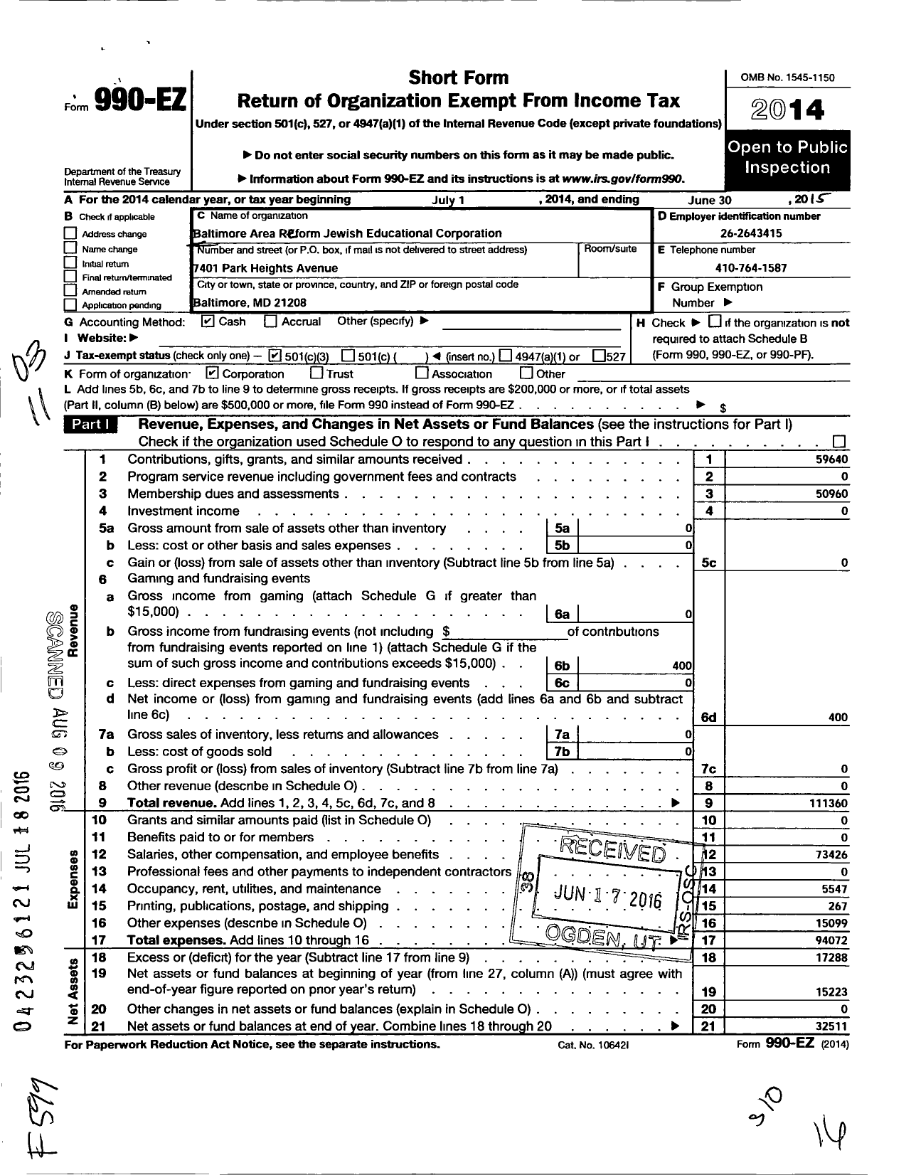 Image of first page of 2014 Form 990EZ for Baltimore Area Reform Jewish Educational Corporation