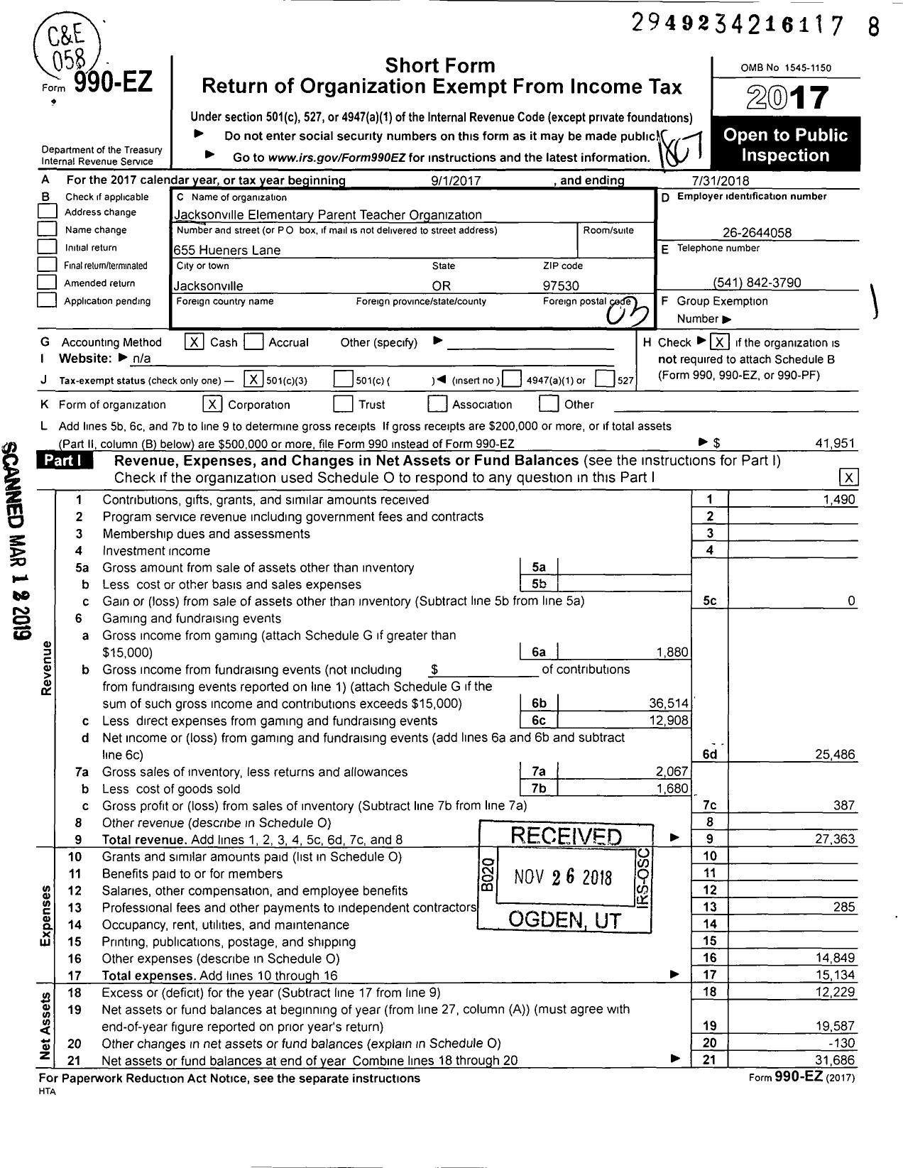 Image of first page of 2017 Form 990EZ for Jacksonville Elementary Parent Teacher Organization