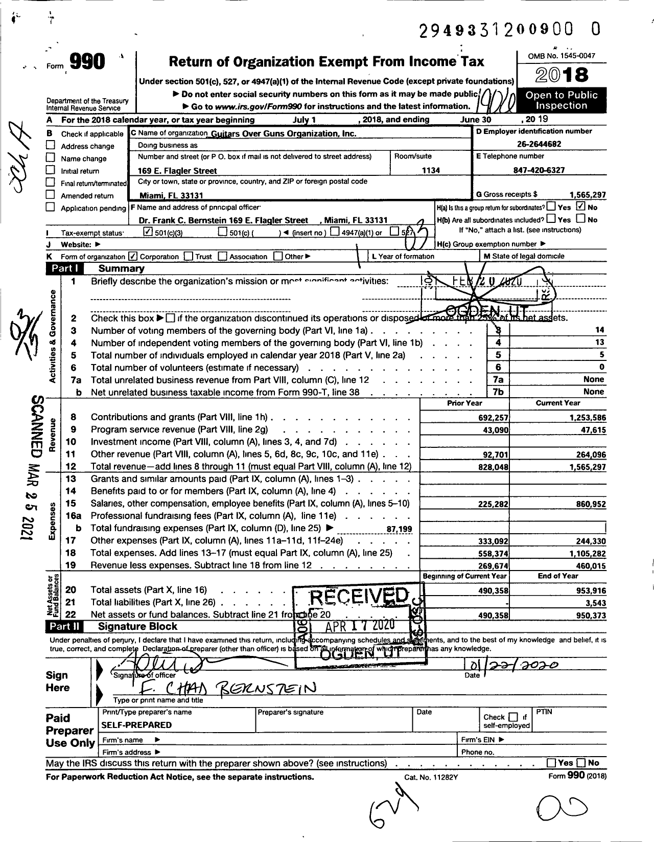 Image of first page of 2018 Form 990 for Guitars Over Guns