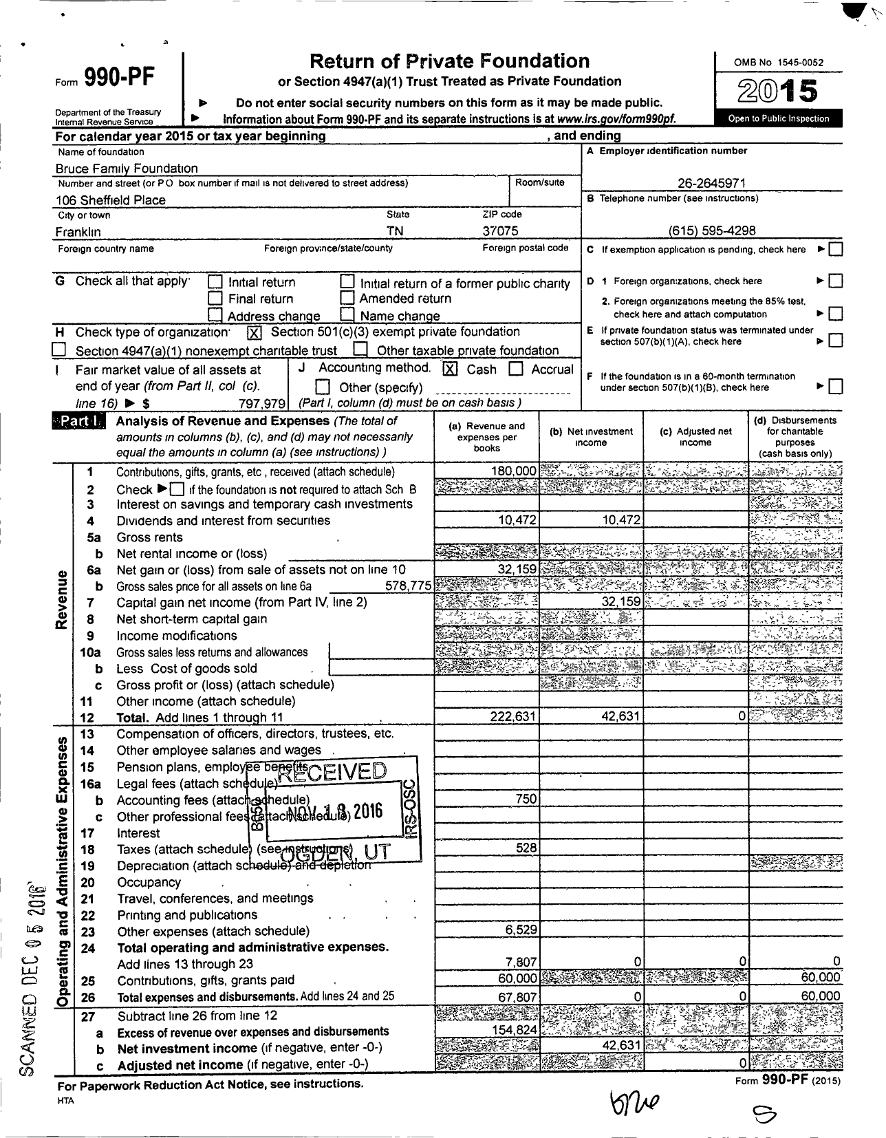 Image of first page of 2015 Form 990PF for Bruce Family Foundation