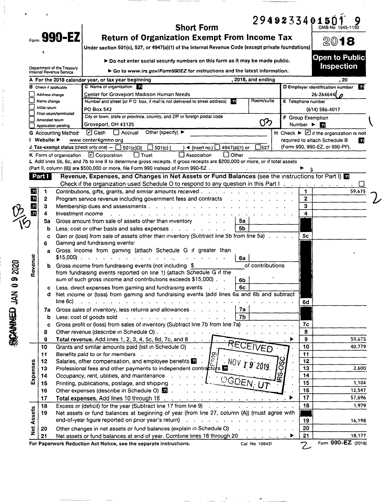 Image of first page of 2018 Form 990EZ for Center for Groveport Madison