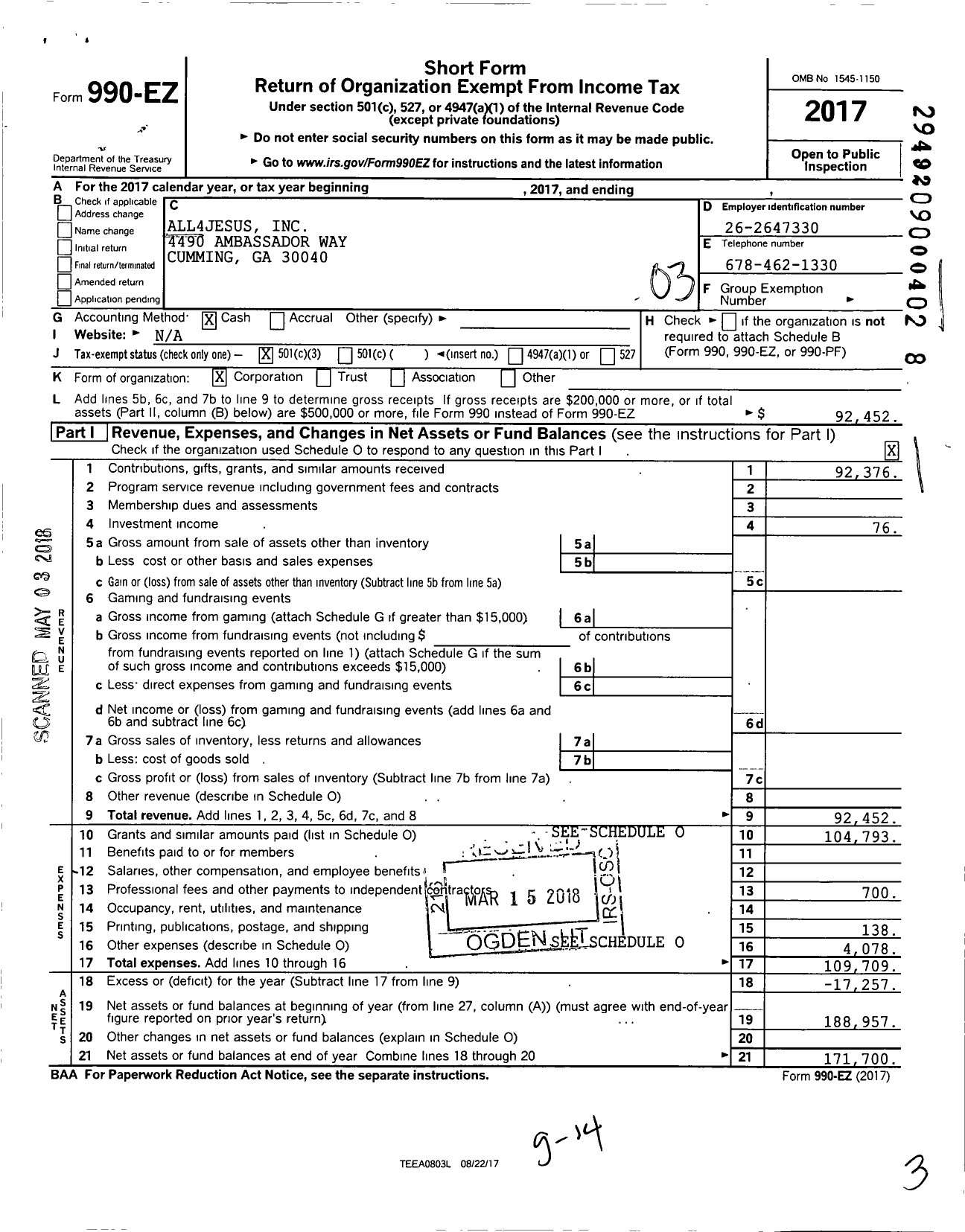 Image of first page of 2017 Form 990EZ for All4jesus