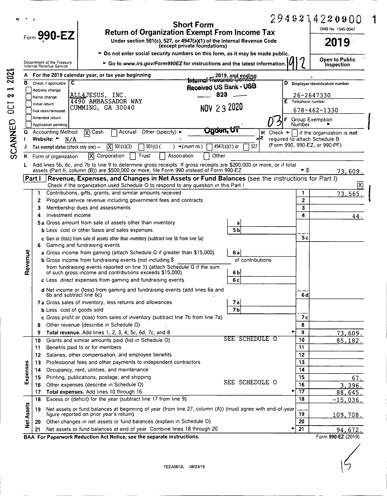 Image of first page of 2019 Form 990EZ for All4jesus