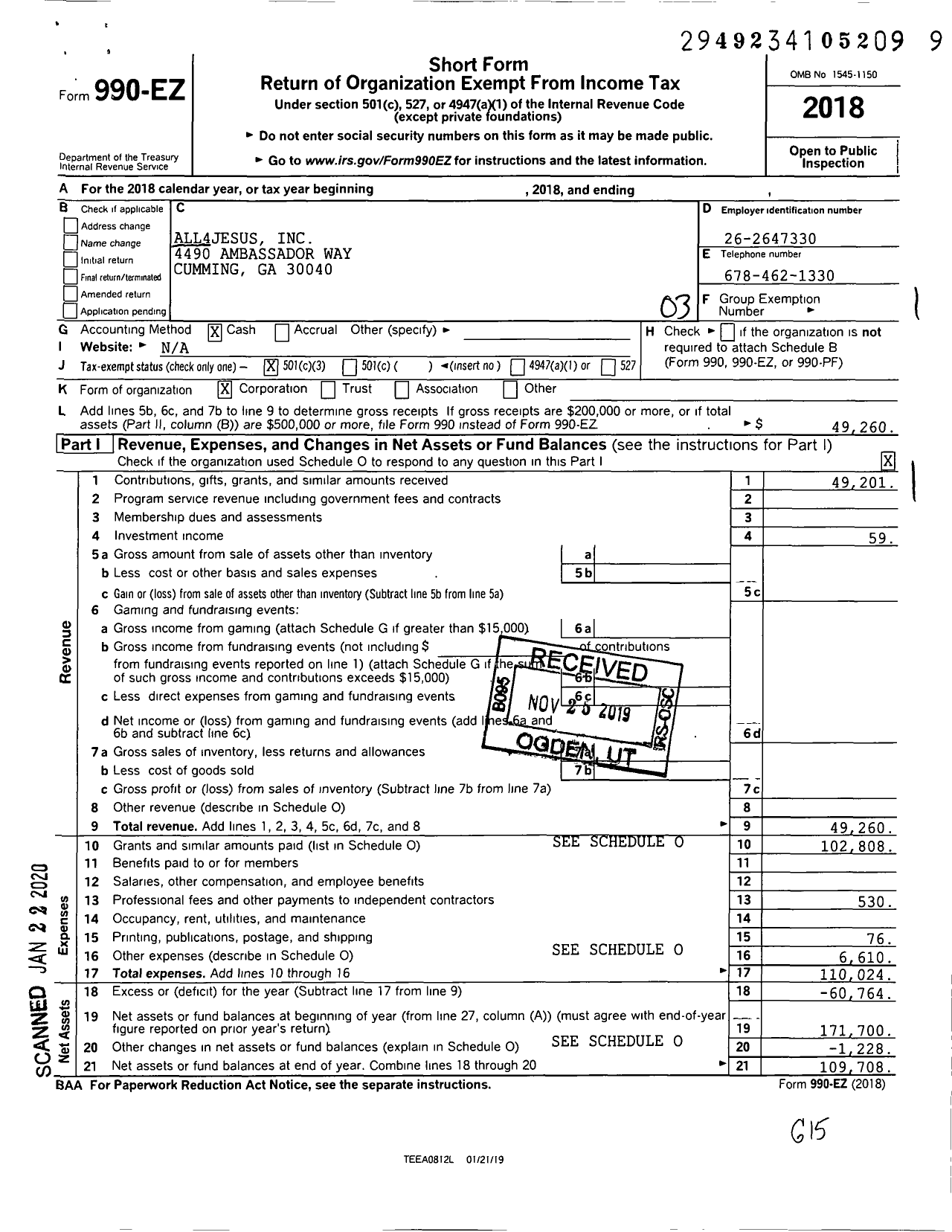 Image of first page of 2018 Form 990EZ for All4jesus