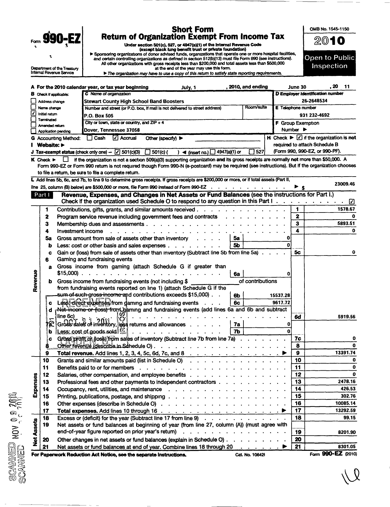 Image of first page of 2010 Form 990EZ for Stewart County Band Boosters