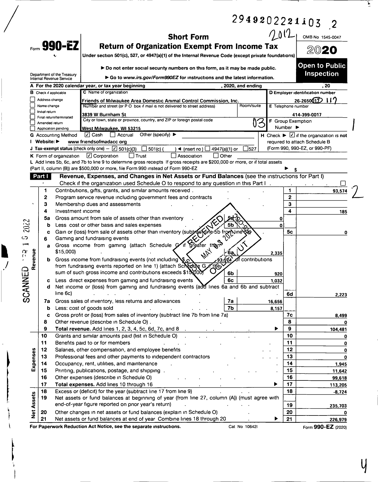 Image of first page of 2020 Form 990EZ for Friends of Milwaukee Area Domestic Animal Control Commission