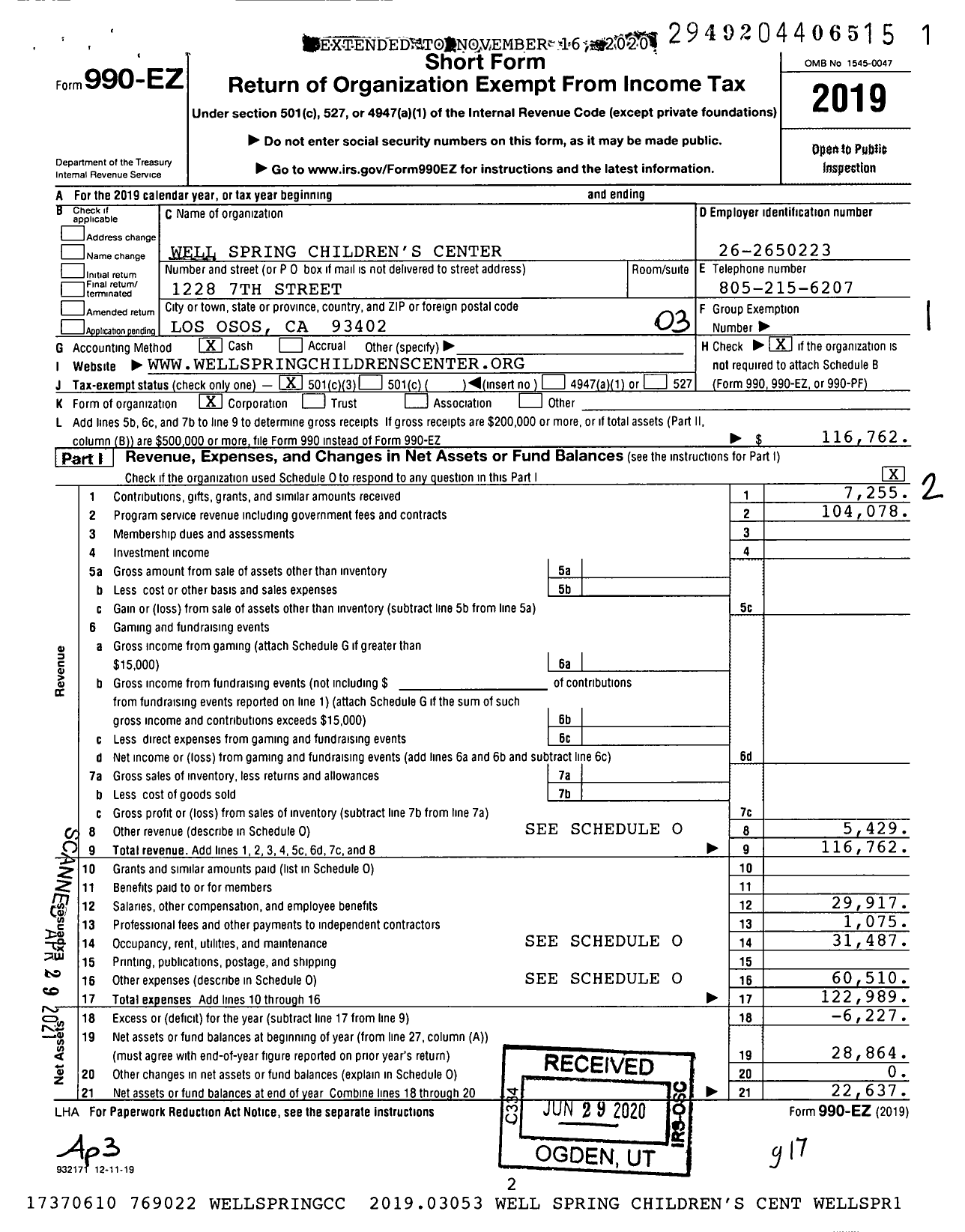 Image of first page of 2019 Form 990EZ for Well Spring Children's Center