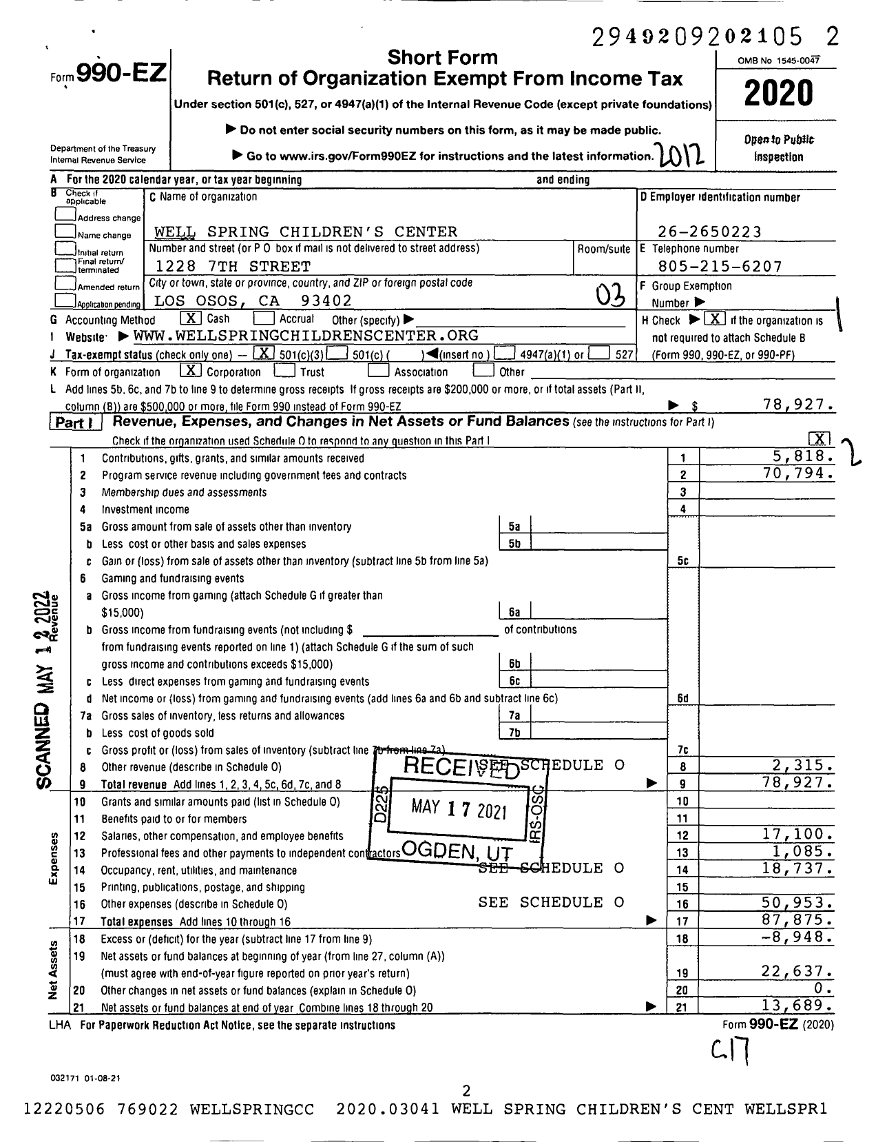 Image of first page of 2020 Form 990EZ for Well Spring Children's Center