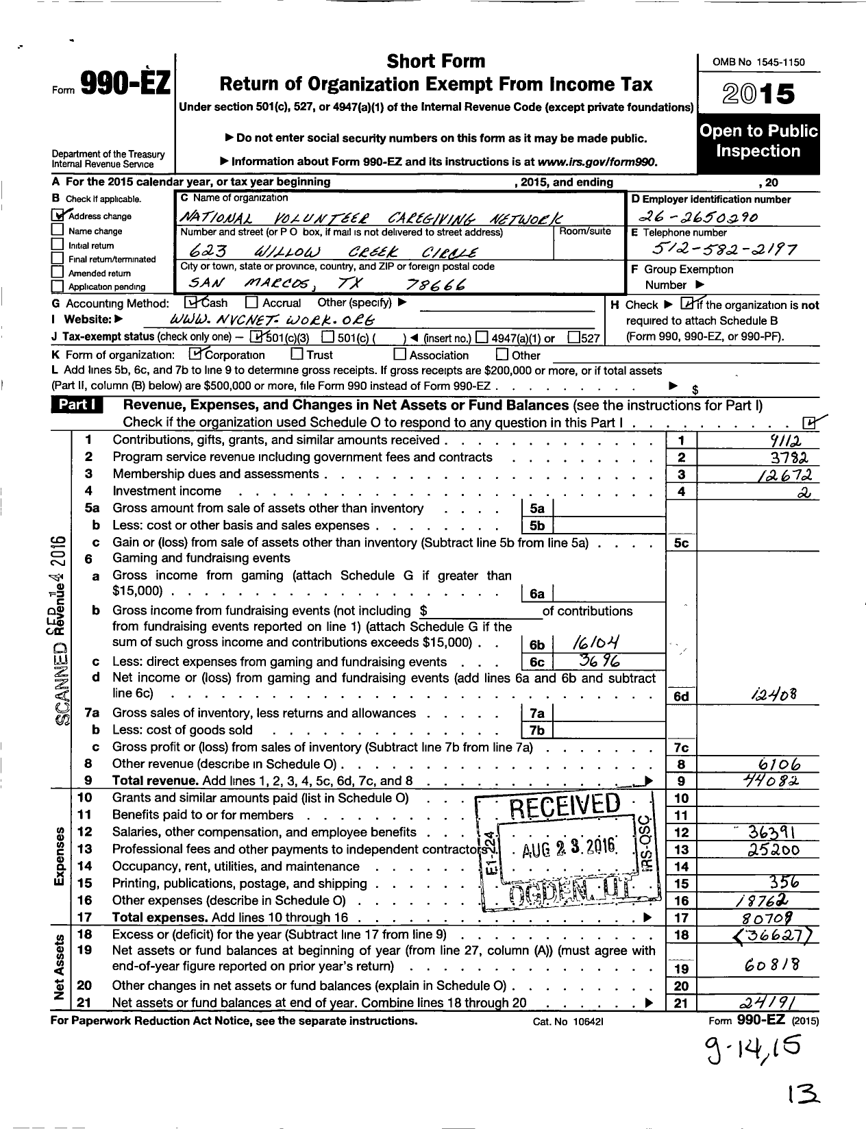 Image of first page of 2015 Form 990EZ for National Volunteer Caregiving Network