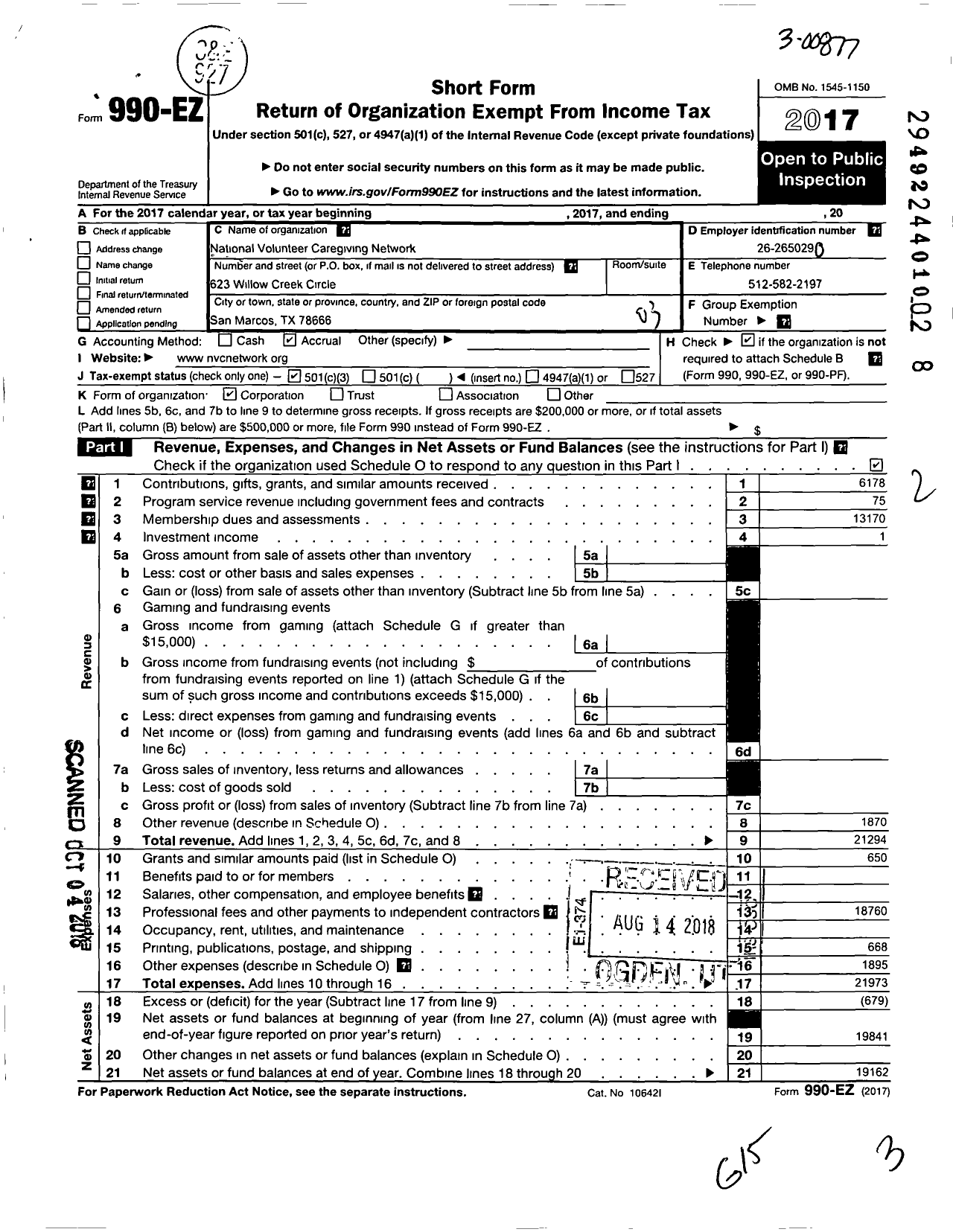 Image of first page of 2017 Form 990EZ for National Volunteer Caregiving Network